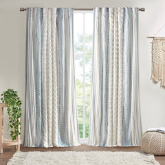 Cotton Printed Curtain Panel with Chenille Stripe and Lining White/Navy 50x95 inch