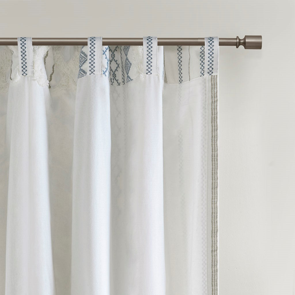 Cotton Printed Curtain Panel with Chenille Stripe and Lining White/Navy 50x95 inch