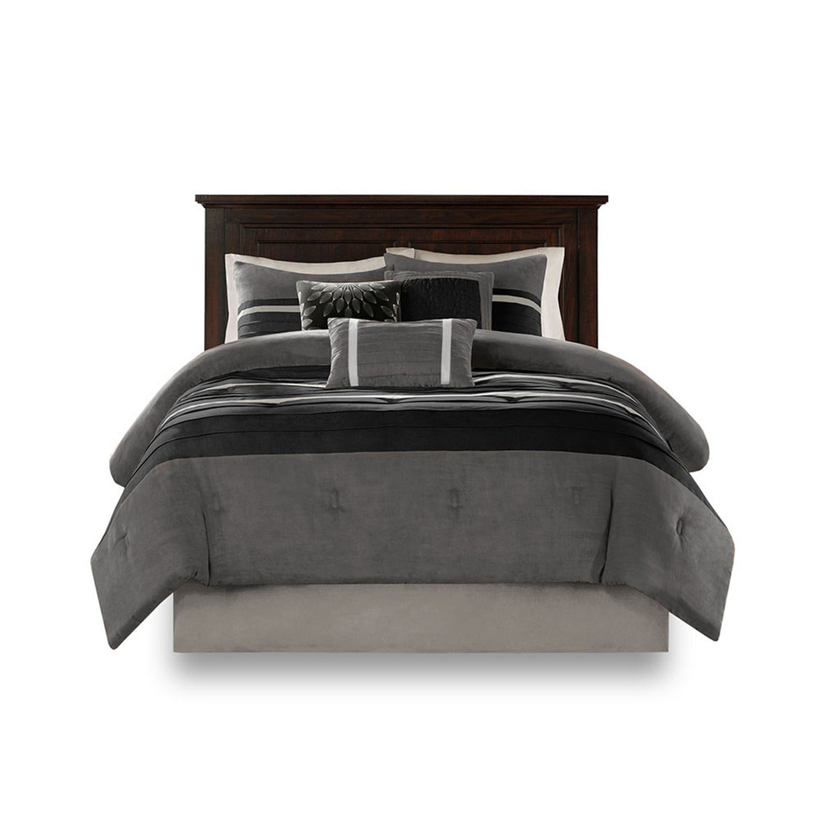 7 PC Pieced Faux Suede Comforter Set Black Queen