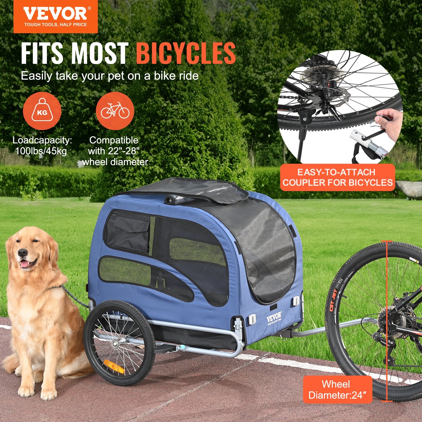 Dog Bike Trailer, Supports up to 100 lbs, Pet Cart Bicycle Carrier, Easy Folding Frame with Quick Release Wheels, Universal Bicycle Coupler, Reflectors, Flag, Collapsible to Store, Blue/Black