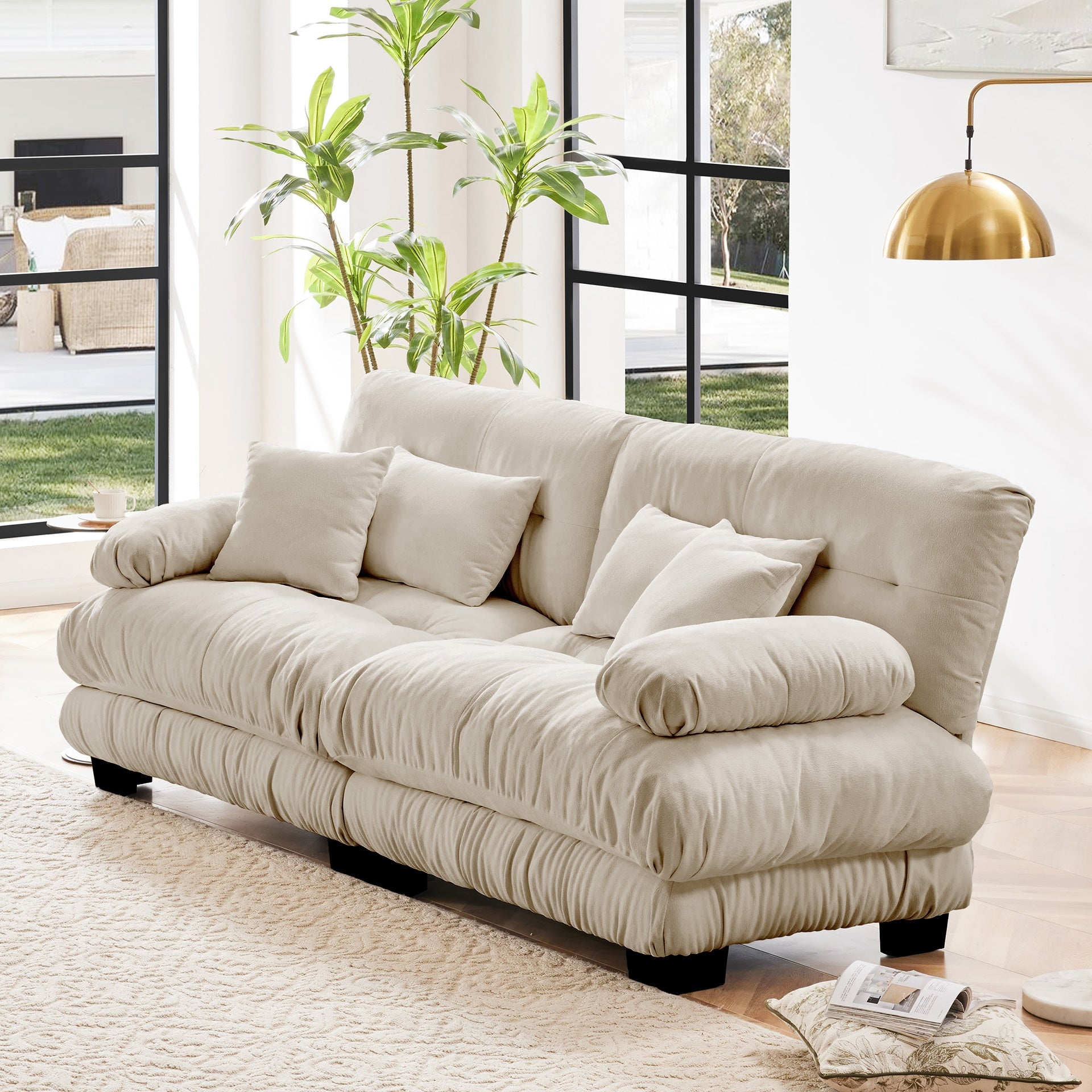 Cloud Couch 2 Seater Sofa for Living Room, Chenille 2 - Seat sofa with 2 Lumbar pillows and 2 throw pillows,Chenille Light coffee