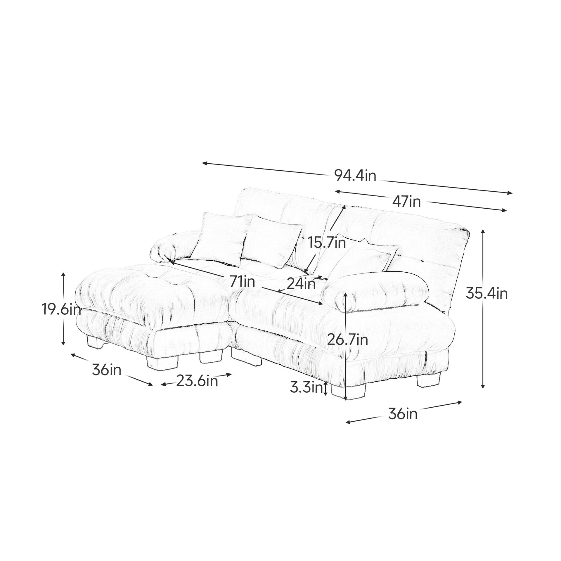 Cloud Couch Sectional Sofa for Living Room, Chenille 2 Seater Sofa with 2 Lumbar pillows and 2 throw pillows , Upholstered Wide Arm Sofa with Convertible Ottoman,Chenille Light coffee