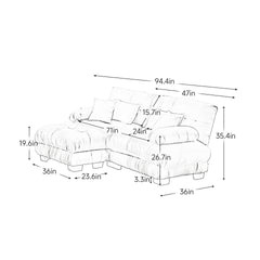 Cloud Couch Sectional Sofa for Living Room, Chenille 2 Seater Sofa with 2 Lumbar pillows and 2 throw pillows , Upholstered Wide Arm Sofa with Convertible Ottoman,Chenille Light coffee