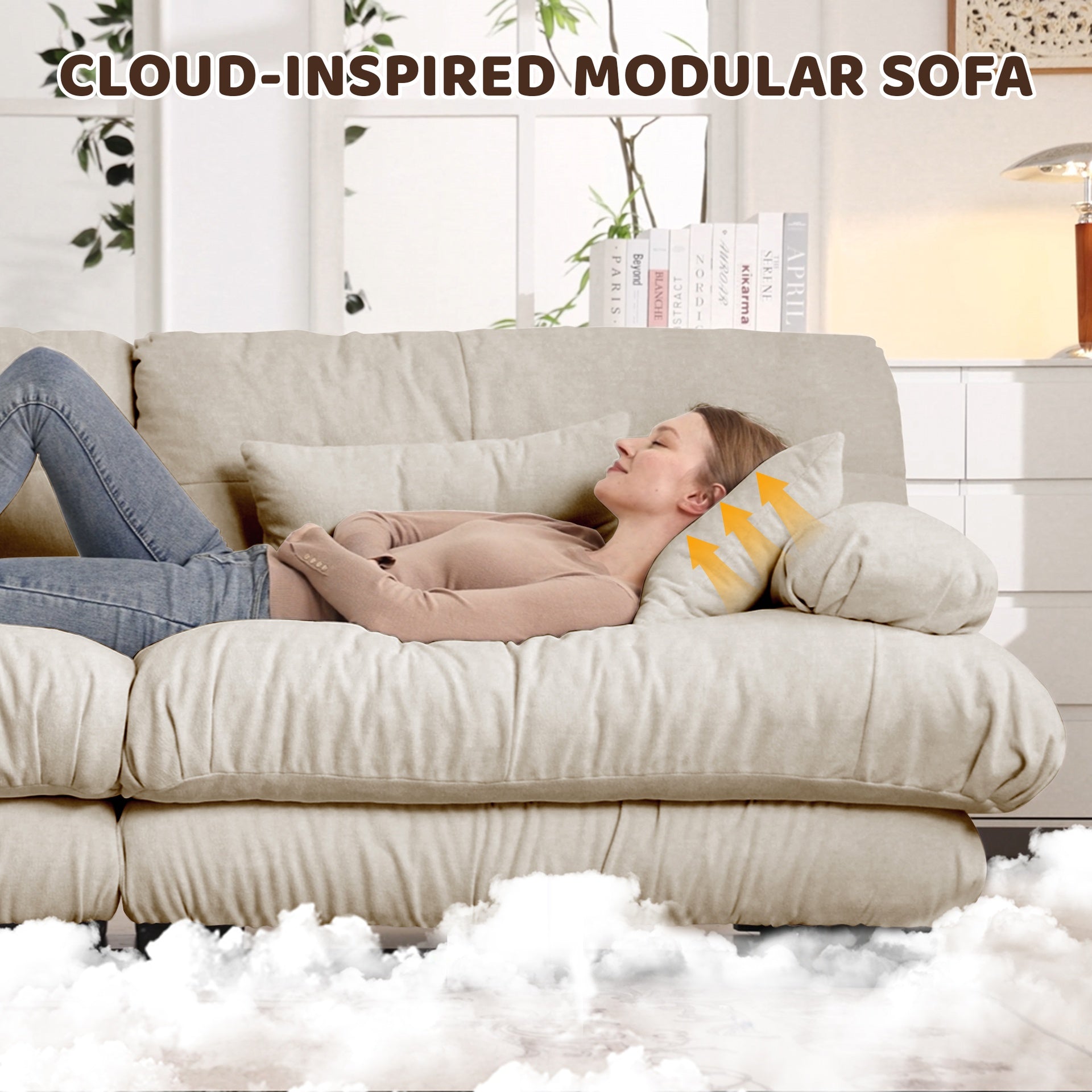 Cloud Couch Sectional Sofa for Living Room, Chenille 2 Seater Sofa with 2 Lumbar pillows and 2 throw pillows , Upholstered Wide Arm Sofa with Convertible Ottoman,Chenille Light coffee