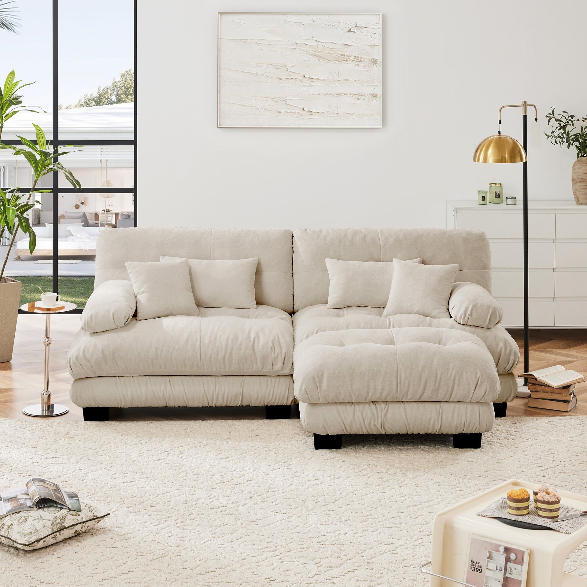 Cloud Couch Sectional Sofa for Living Room, Chenille 2 Seater Sofa with 2 Lumbar pillows and 2 throw pillows , Upholstered Wide Arm Sofa with Convertible Ottoman,Chenille Light coffee