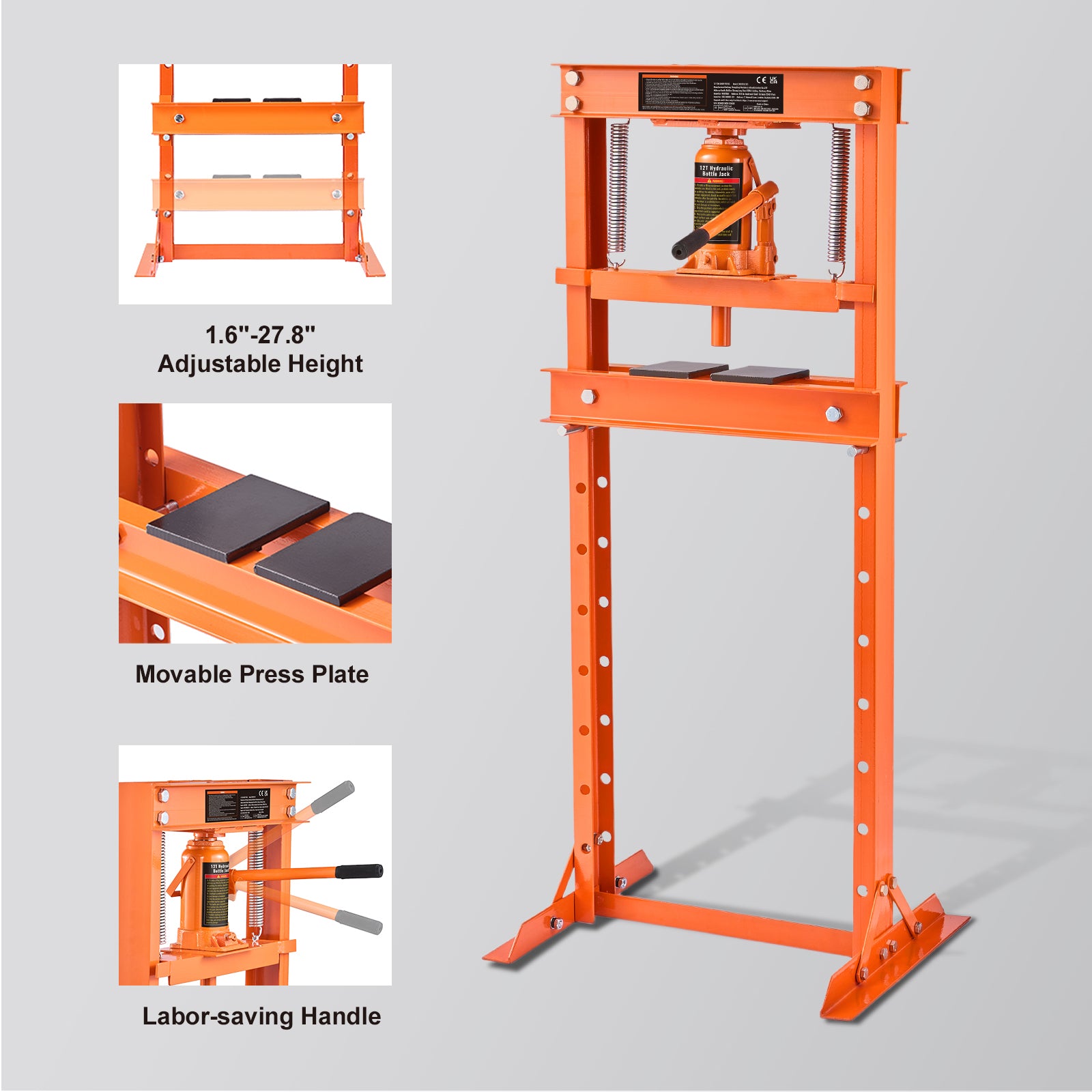 Hydraulic Shop Press, 12 Ton H-Frame Hydraulic Garage/Shop Floor Press, Adjustable Shop Press with Press Plates, Heavy Duty Hydraulic Press for Garage, Shop, Workshop