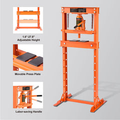 Hydraulic Shop Press, 12 Ton H-Frame Hydraulic Garage/Shop Floor Press, Adjustable Shop Press with Press Plates, Heavy Duty Hydraulic Press for Garage, Shop, Workshop