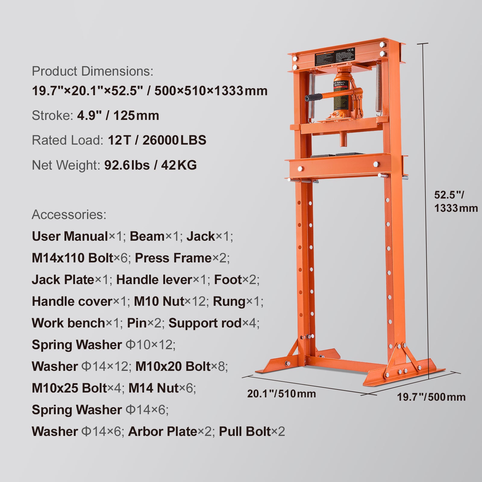 Hydraulic Shop Press, 12 Ton H-Frame Hydraulic Garage/Shop Floor Press, Adjustable Shop Press with Press Plates, Heavy Duty Hydraulic Press for Garage, Shop, Workshop