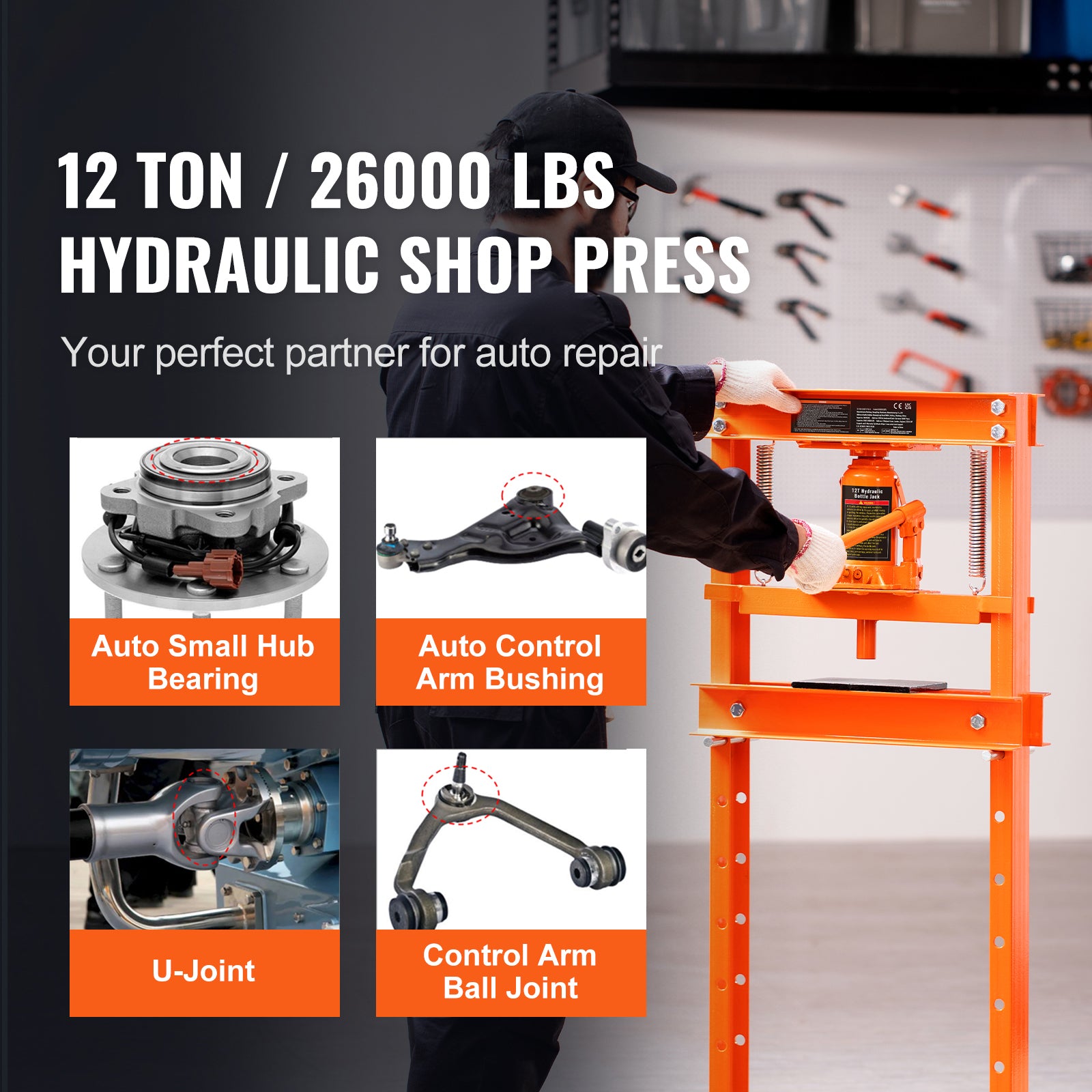 Hydraulic Shop Press, 12 Ton H-Frame Hydraulic Garage/Shop Floor Press, Adjustable Shop Press with Press Plates, Heavy Duty Hydraulic Press for Garage, Shop, Workshop