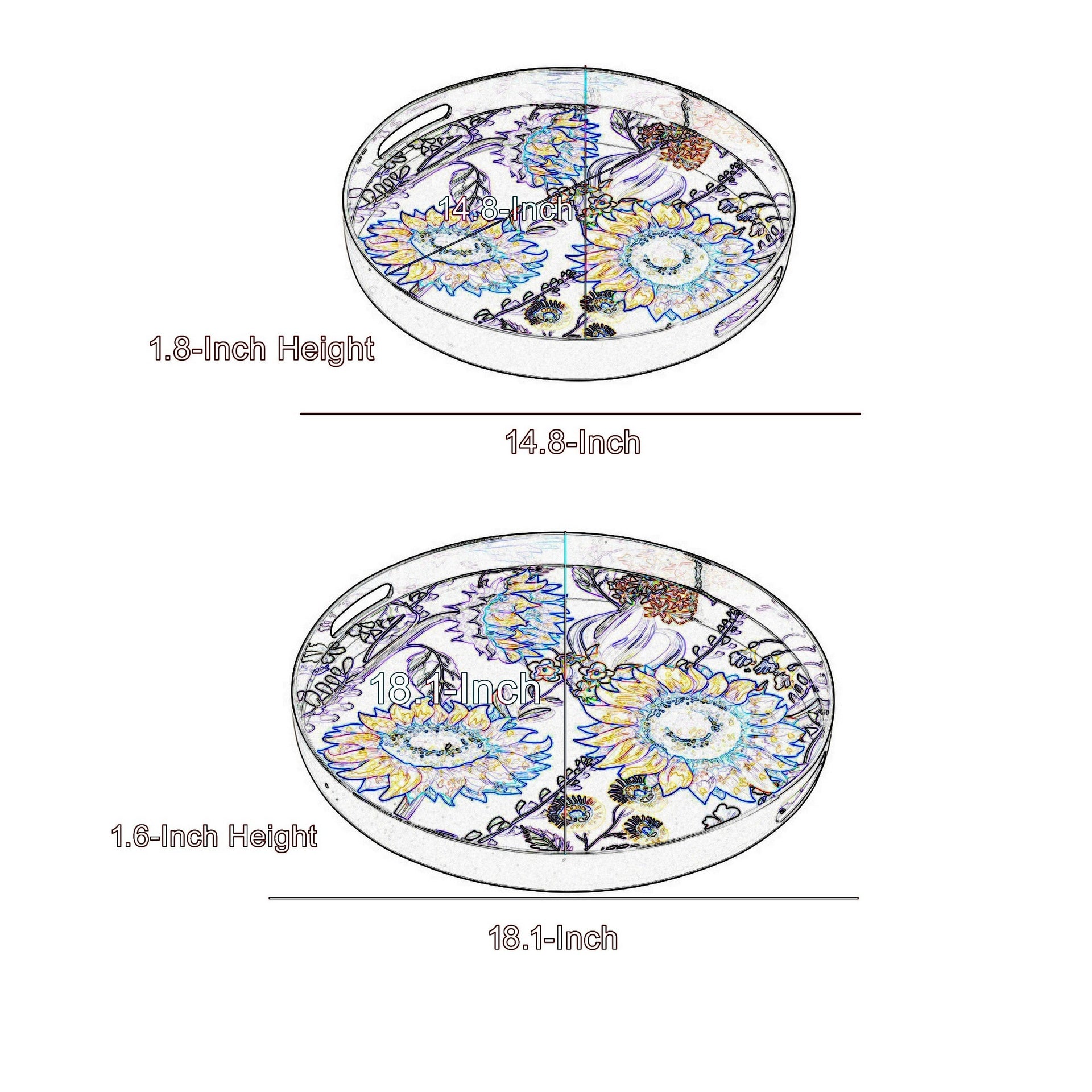 2 Piece Round Decorative Tray, Plastic Frame, Black and White Plaid Print