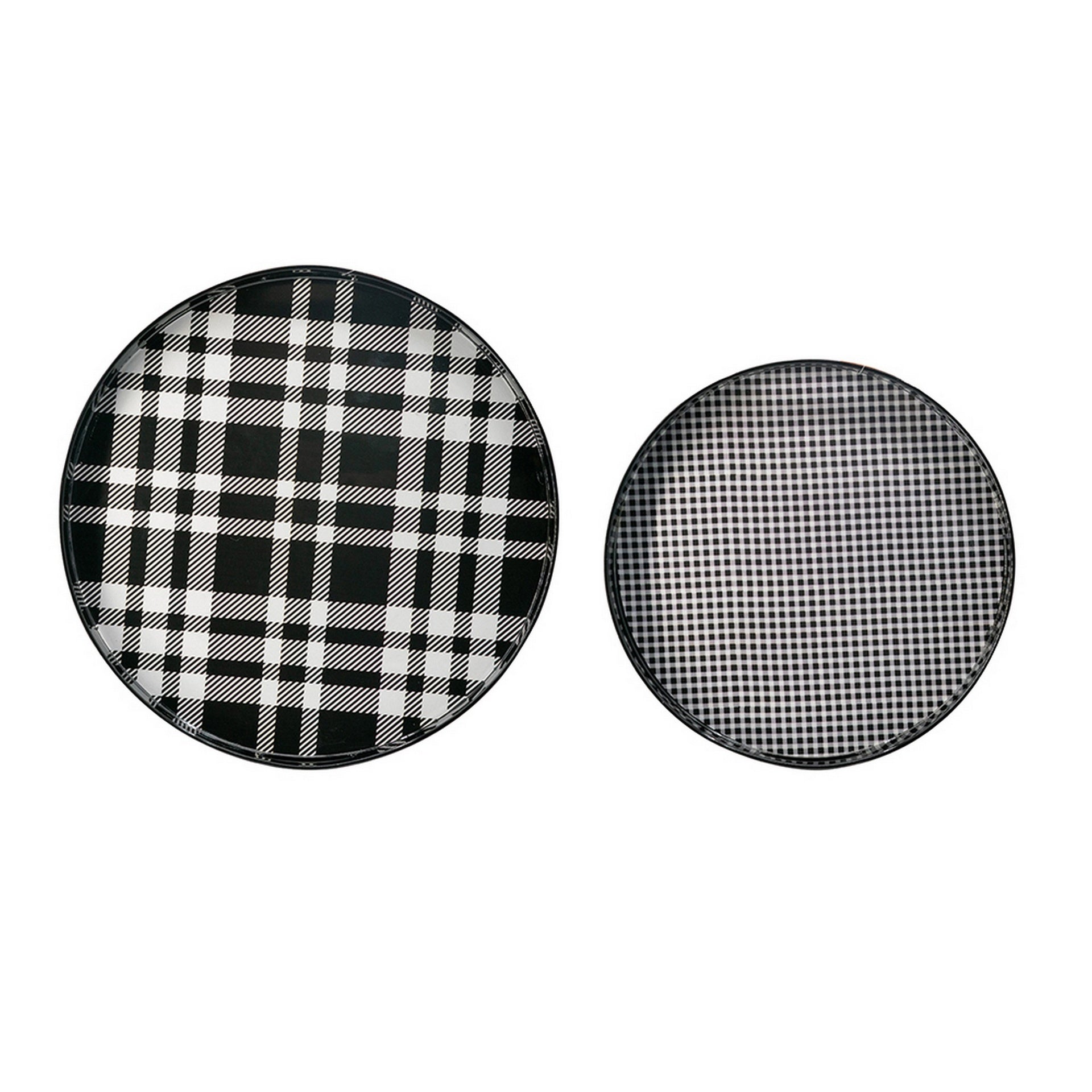 2 Piece Round Decorative Tray, Plastic Frame, Black and White Plaid Print