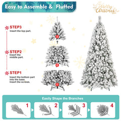 6FT Flocked Christmas Tree with 752 Tips – Snowy PVC & Hard Needle Branches, Hinged Structure for Easy Setup, Stable Metal Stand – Realistic Full-Body Holiday Tree