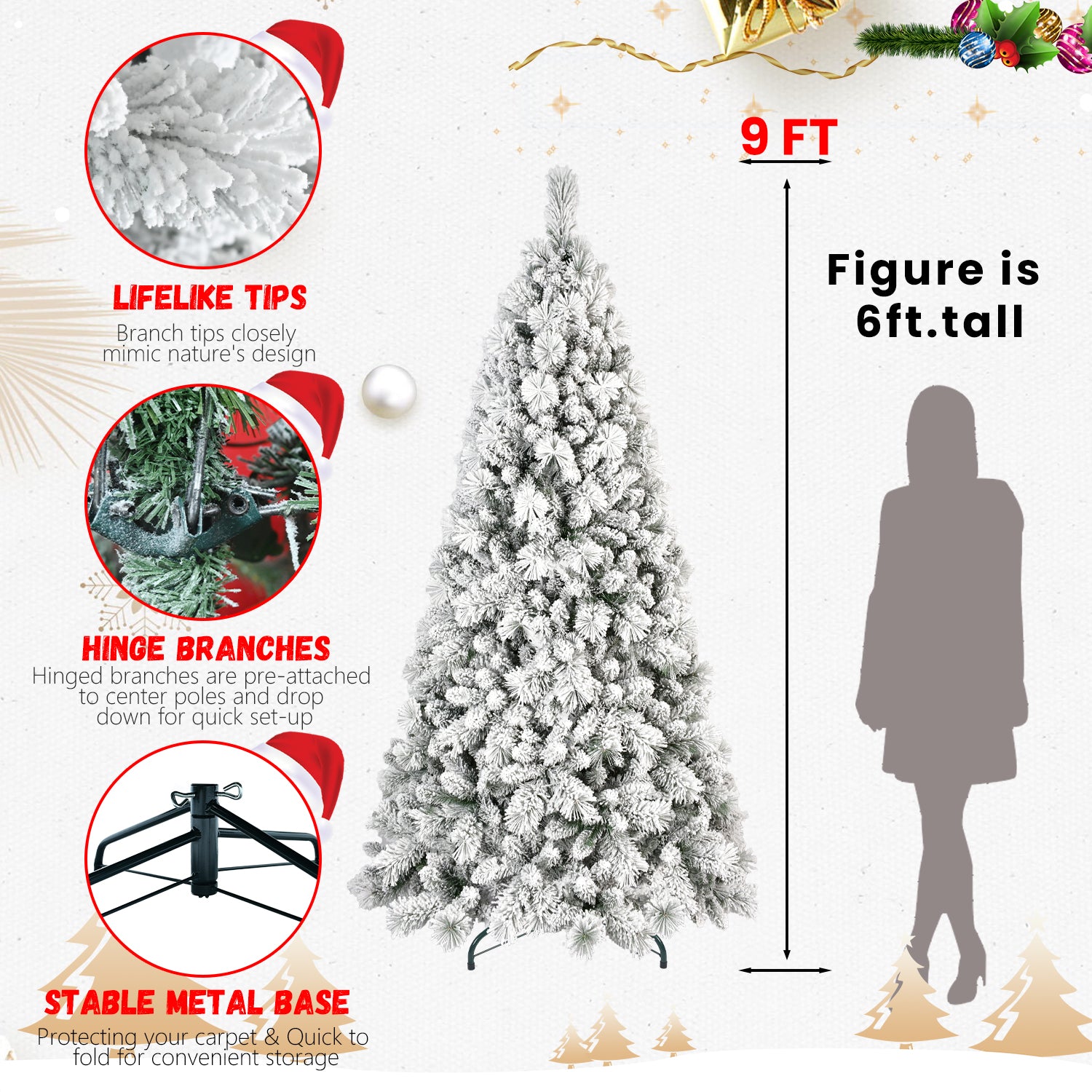 6FT Flocked Christmas Tree with 752 Tips – Snowy PVC & Hard Needle Branches, Hinged Structure for Easy Setup, Stable Metal Stand – Realistic Full-Body Holiday Tree