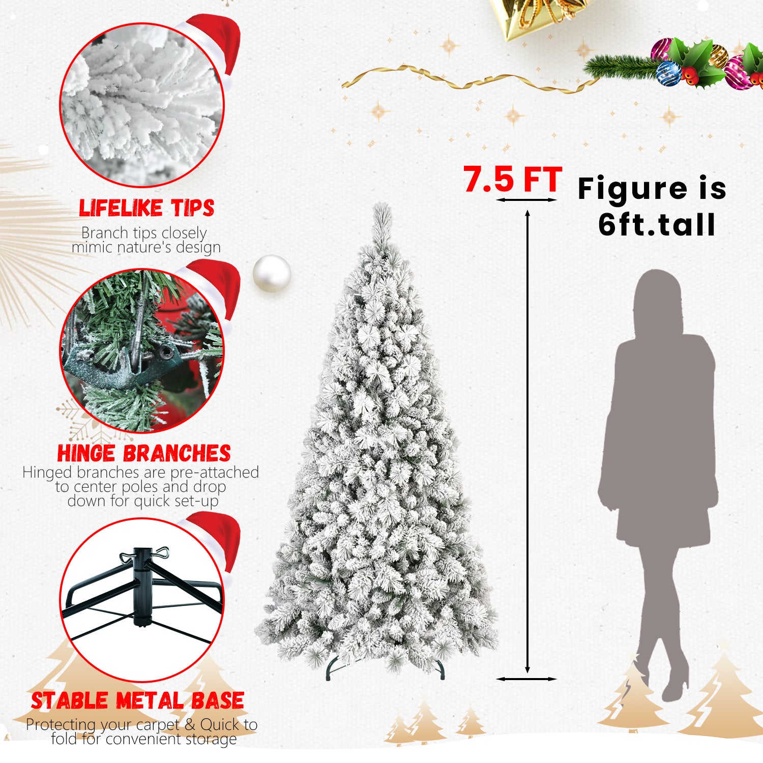 6FT Flocked Christmas Tree with 752 Tips – Snowy PVC & Hard Needle Branches, Hinged Structure for Easy Setup, Stable Metal Stand – Realistic Full-Body Holiday Tree