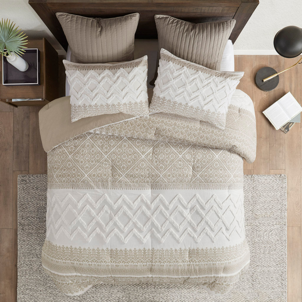 3 Piece Cotton Comforter Set with Chenille Tufting Taupe King/Cal King