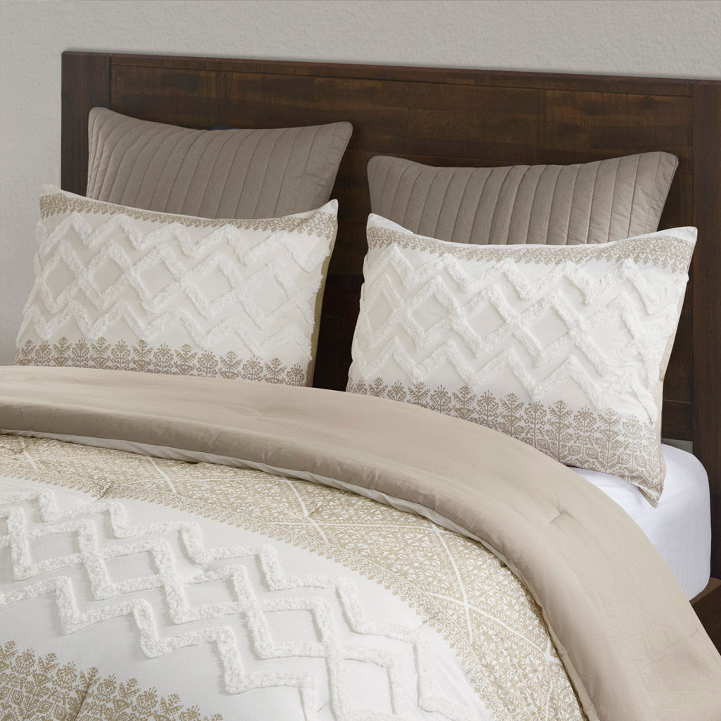 3 Piece Cotton Comforter Set with Chenille Tufting Taupe King/Cal King