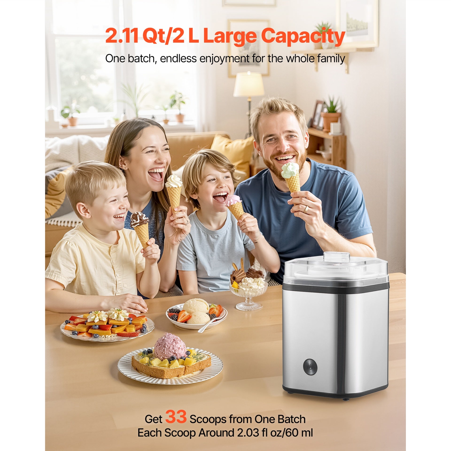 Ice Cream Maker, 2.11 Qt. Large Capacity, Electric Automatic Ice-Cream Machine, with Easy Operation & Cleaning, Stainless Steel Shell, for Homemade Frozen Yogurt, Fruit Sorbet, Gelato, Silver
