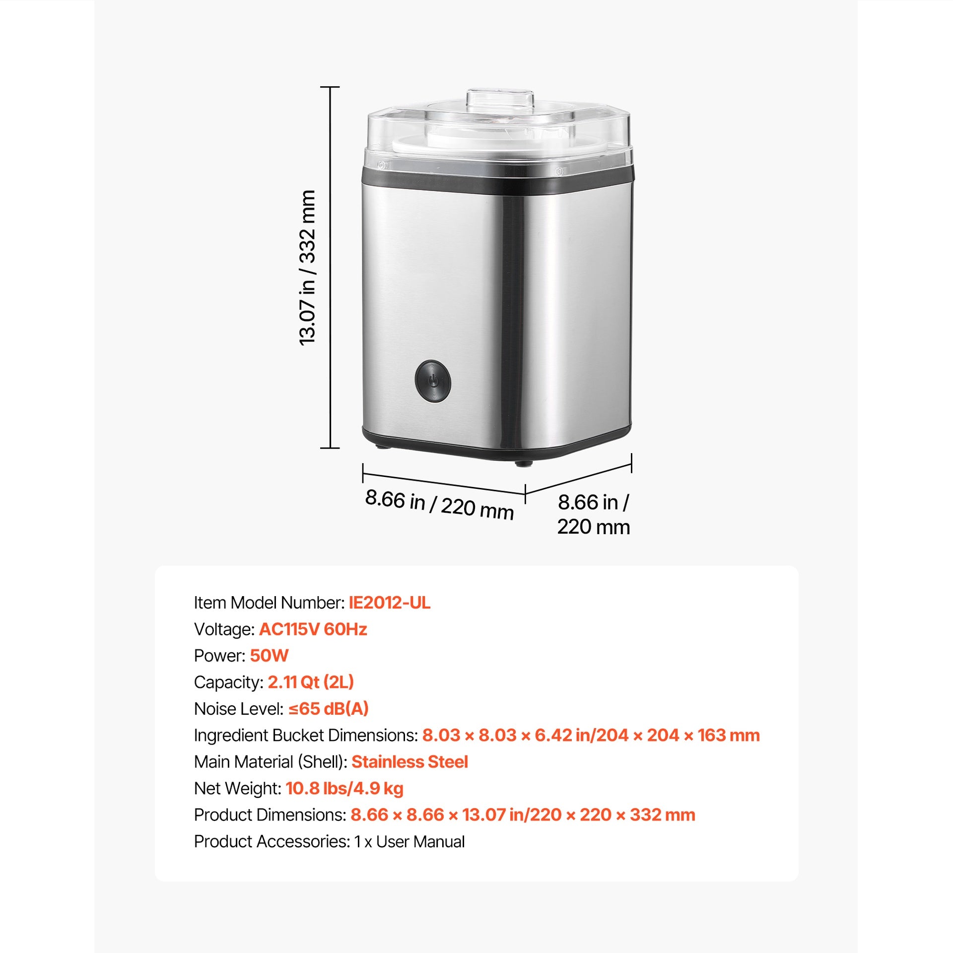 Ice Cream Maker, 2.11 Qt. Large Capacity, Electric Automatic Ice-Cream Machine, with Easy Operation & Cleaning, Stainless Steel Shell, for Homemade Frozen Yogurt, Fruit Sorbet, Gelato, Silver