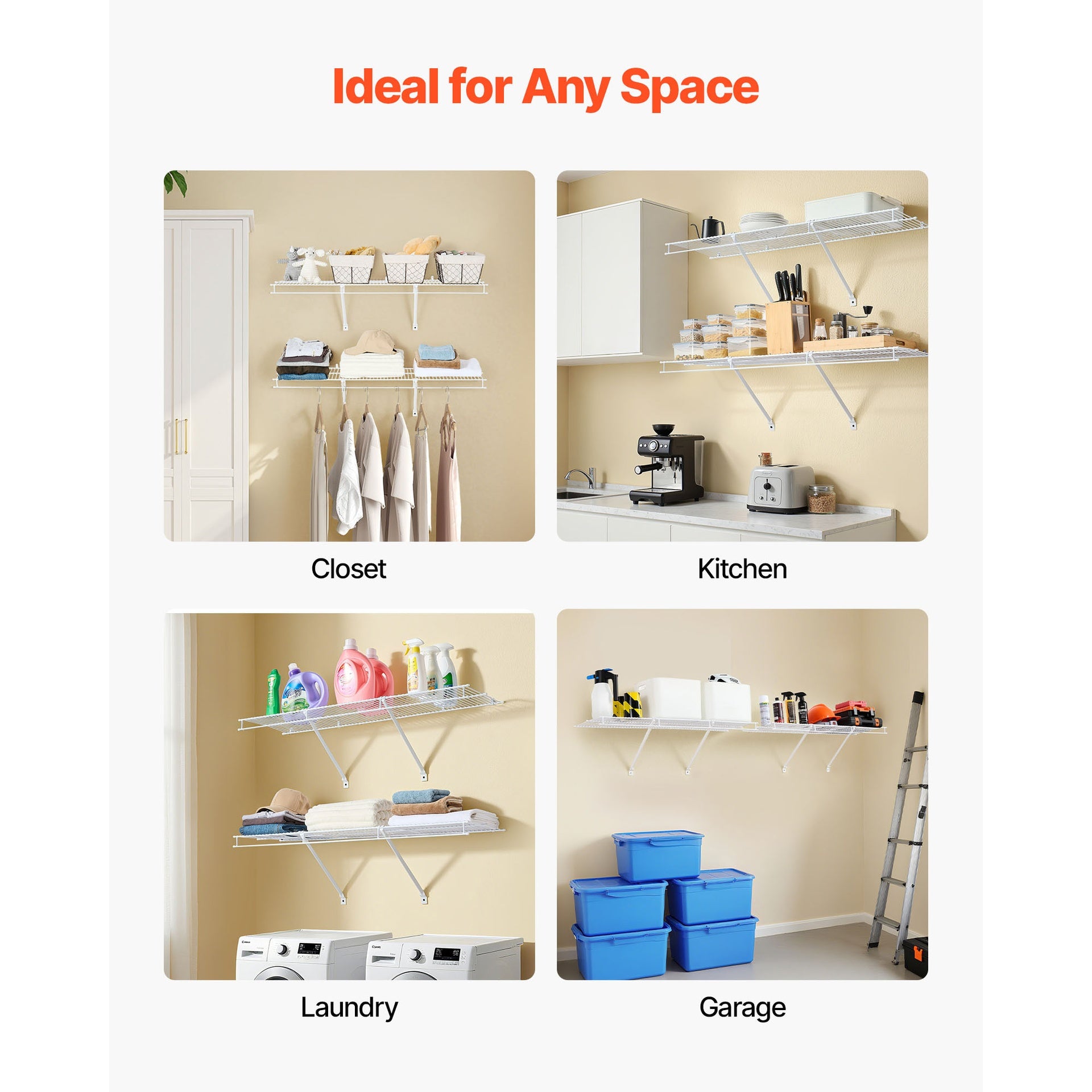 Wire Shelf Kit, 4 ft, Set of 2, Wall Mounted Wire Shelves, Heavy-Duty Carbon Steel Hanging Shelf, Floating Wall Storage Shelves with Dip Coating, for Closet, Bedroom, Living Room, Office, Pantry