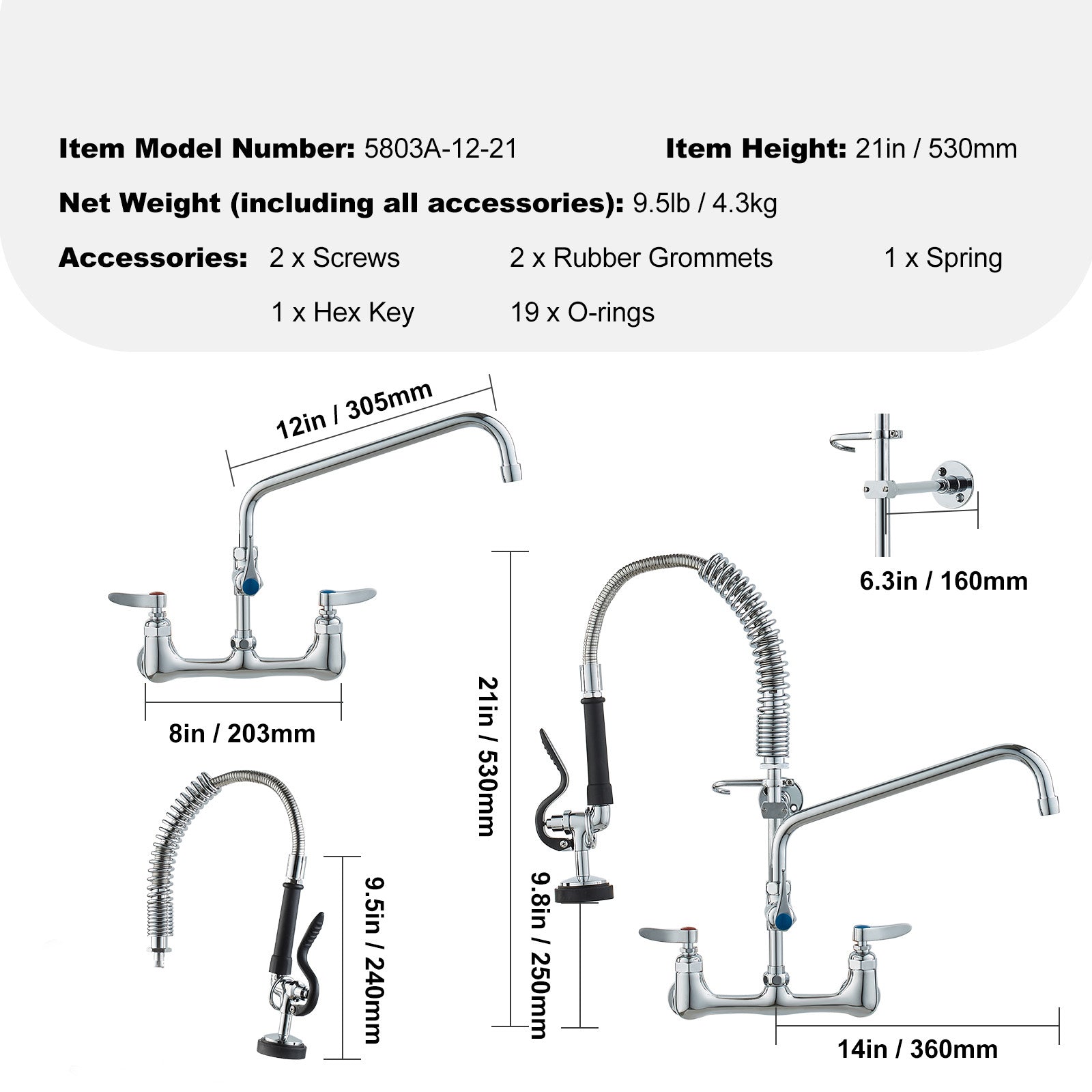 Commercial Faucet with Pre-Rinse Sprayer, 21" Height, 8" Center, 12" Swing Spout, Wall Mount Kitchen Sink Faucet, Brass Constructed Device with Pull Down Spray, for 1/2/3 Compartment Sink