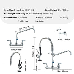 Commercial Faucet with Pre-Rinse Sprayer, 21" Height, 8" Center, 12" Swing Spout, Wall Mount Kitchen Sink Faucet, Brass Constructed Device with Pull Down Spray, for 1/2/3 Compartment Sink