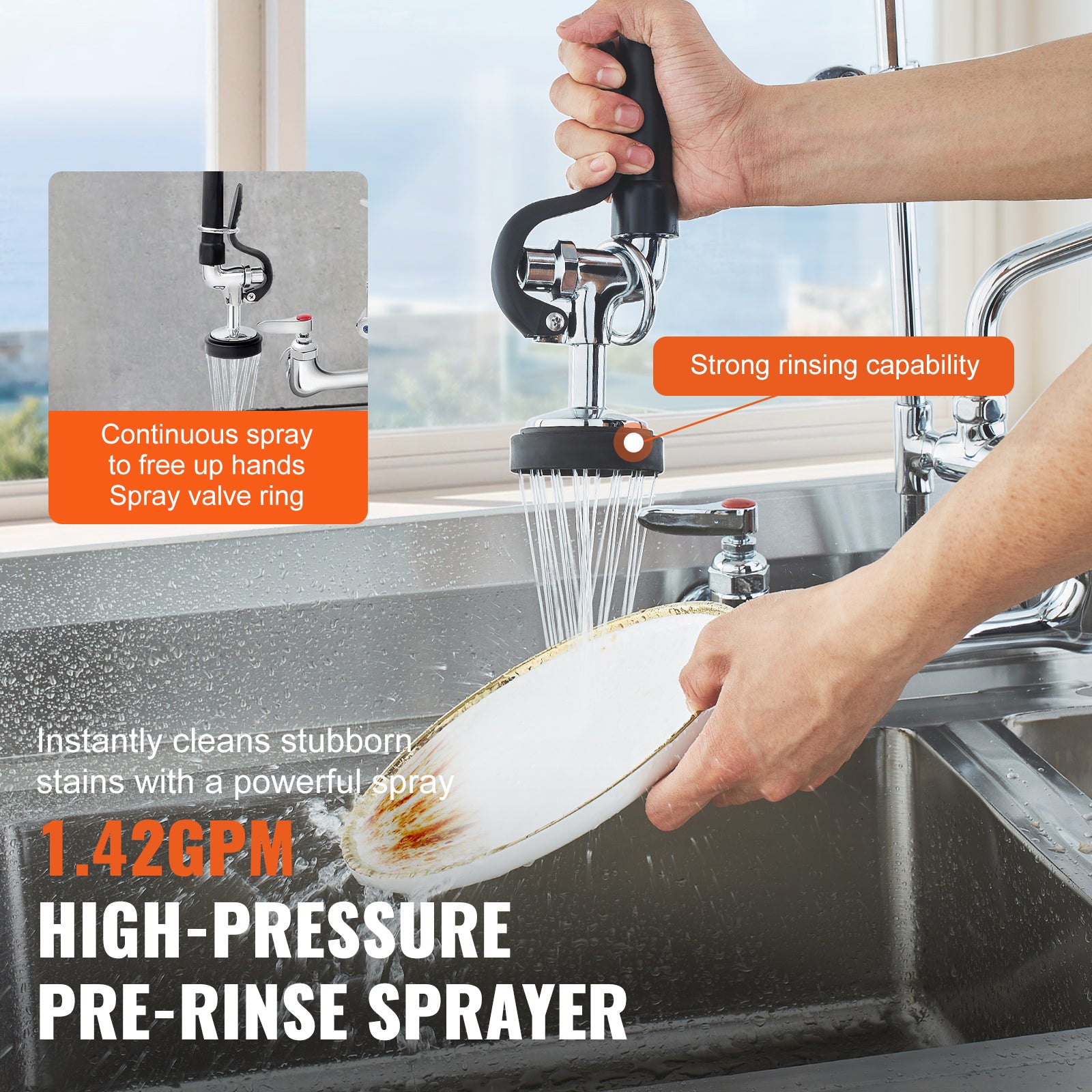Commercial Faucet with Pre-Rinse Sprayer, 21" Height, 8" Center, 12" Swing Spout, Wall Mount Kitchen Sink Faucet, Brass Constructed Device with Pull Down Spray, for 1/2/3 Compartment Sink