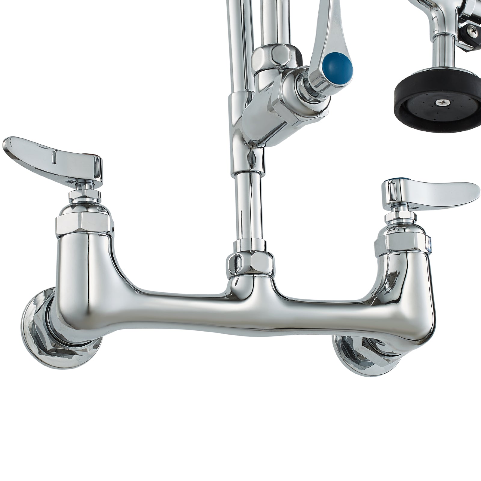 Commercial Faucet with Pre-Rinse Sprayer, 21" Height, 8" Center, 12" Swing Spout, Wall Mount Kitchen Sink Faucet, Brass Constructed Device with Pull Down Spray, for 1/2/3 Compartment Sink
