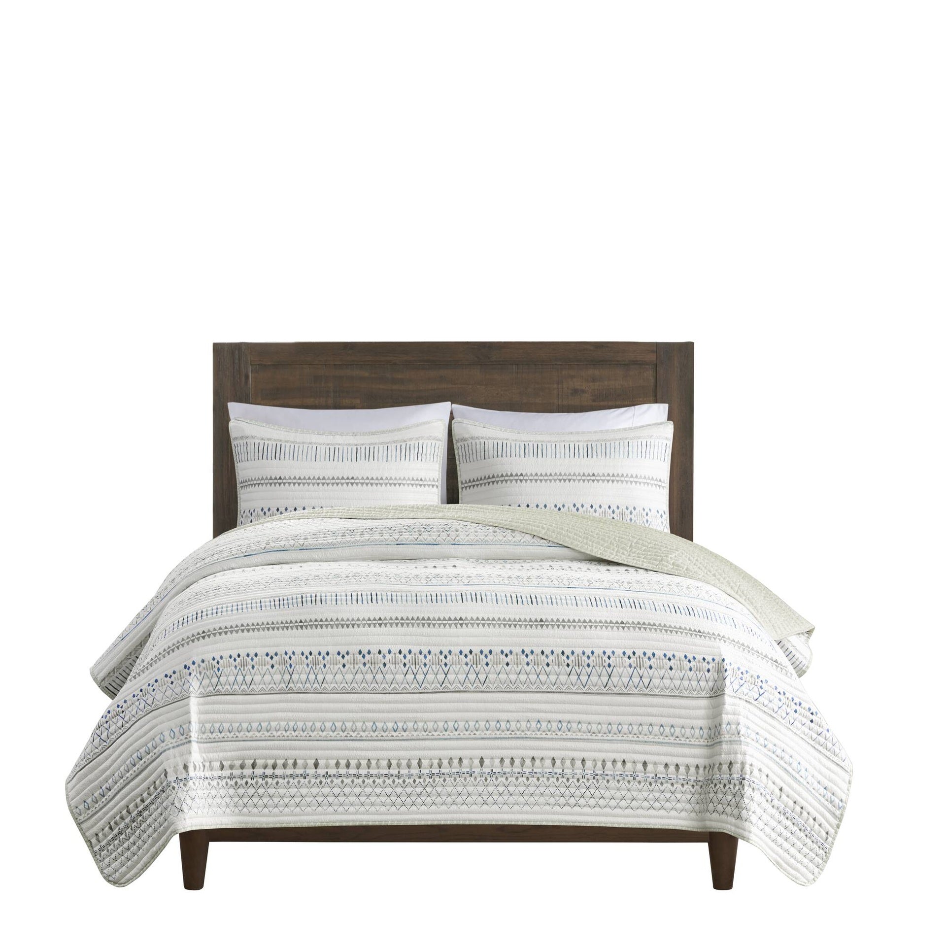 3 Piece Printed Microfiber Seersucker Quilt Set Taupe/Blue King/Cal King