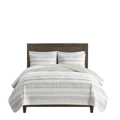 3 Piece Printed Microfiber Seersucker Quilt Set Taupe/Blue King/Cal King