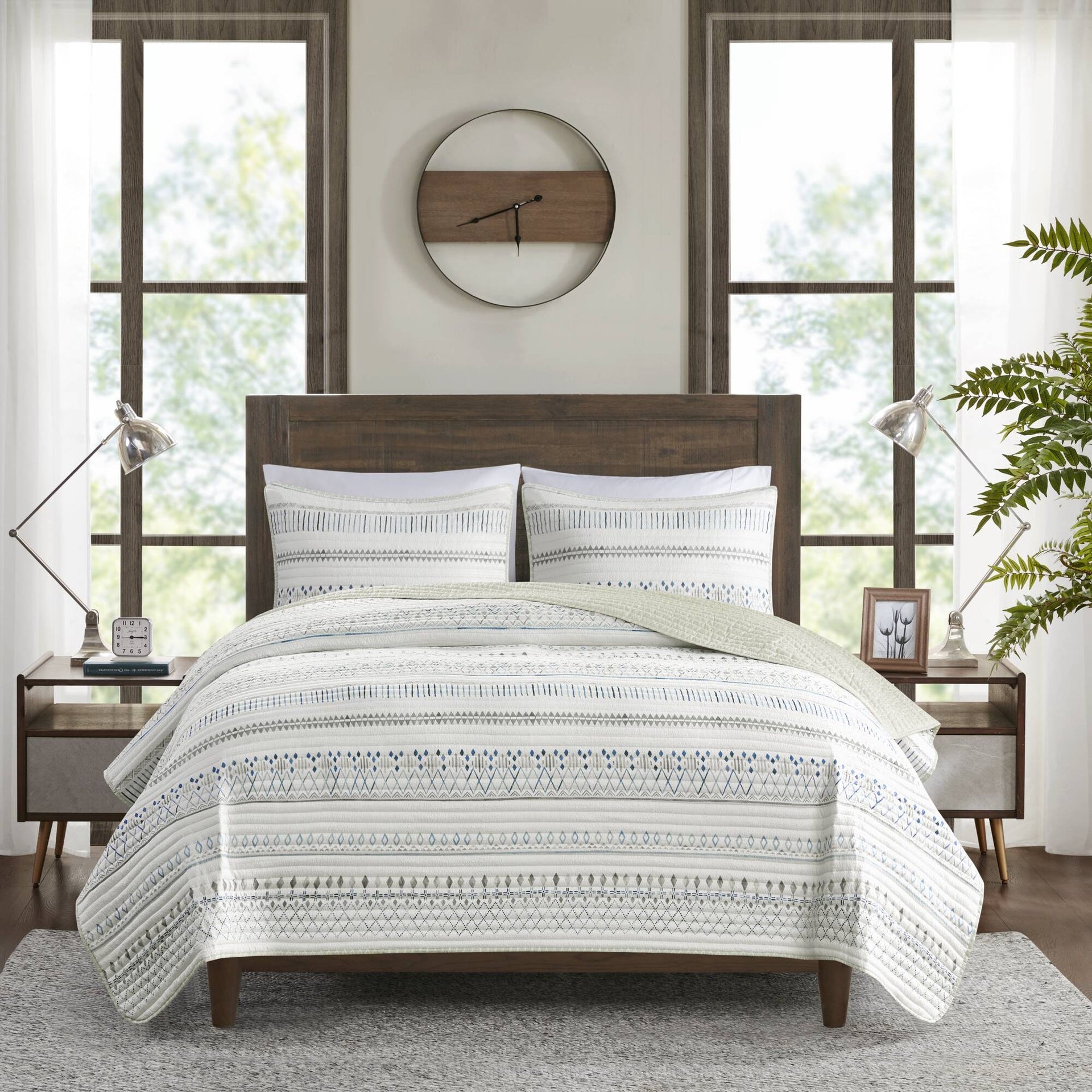 3 Piece Printed Microfiber Seersucker Quilt Set Taupe/Blue King/Cal King