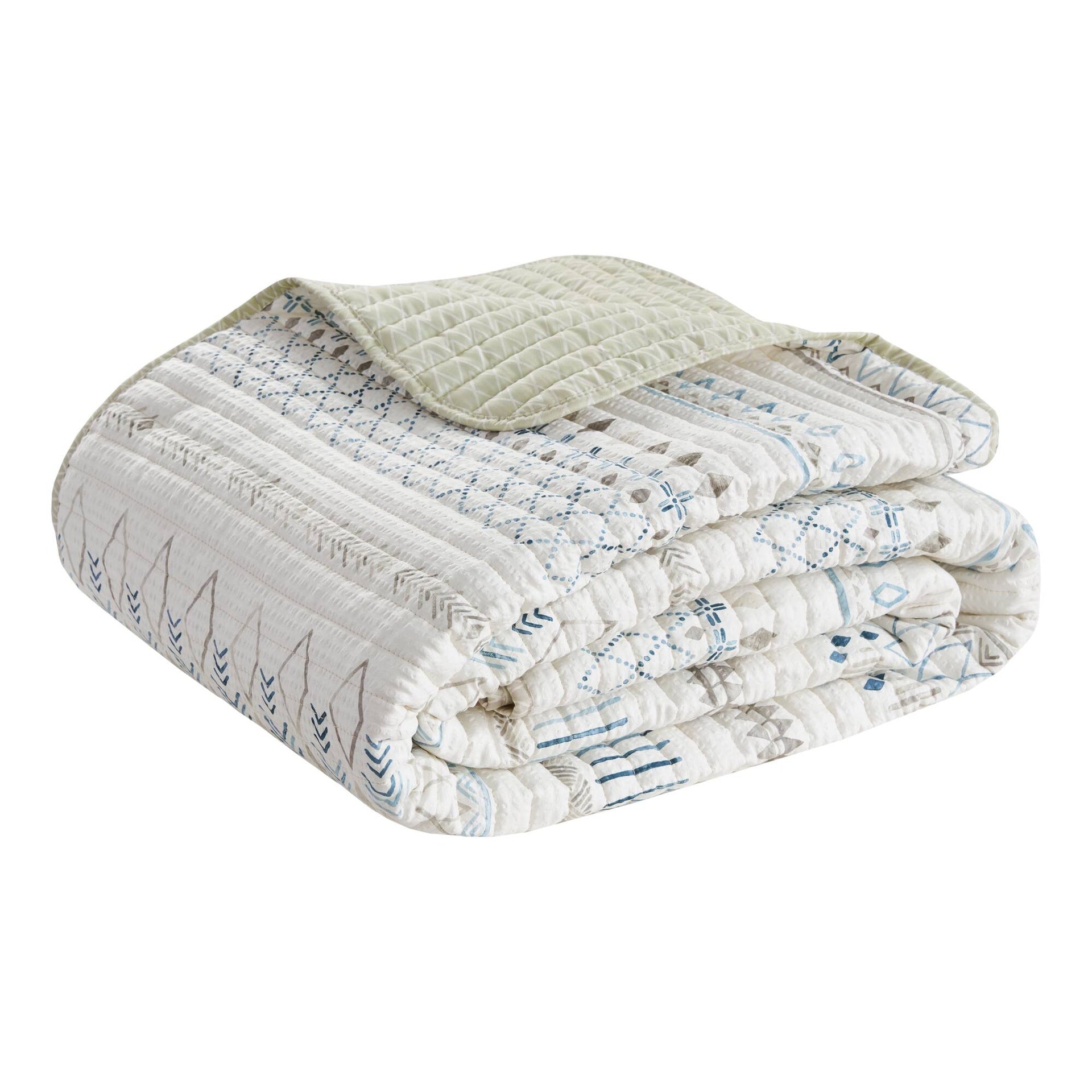 3 Piece Printed Microfiber Seersucker Quilt Set Taupe/Blue King/Cal King