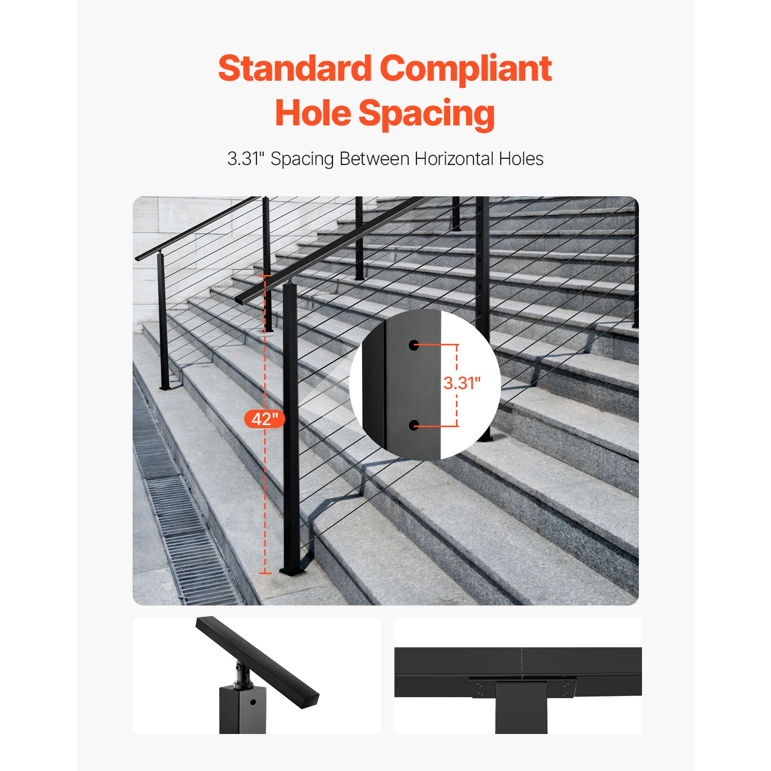 Cable Railing Post, 42x2x2 Inch Stair Railing Post, with Pre-Drilled 30° Angled Holes, Stainless Steel Cable Rail Post with Horizontal and Curved Bracket, 1-Pack, Black, 1JZLGZXHS106W3XAA001V0