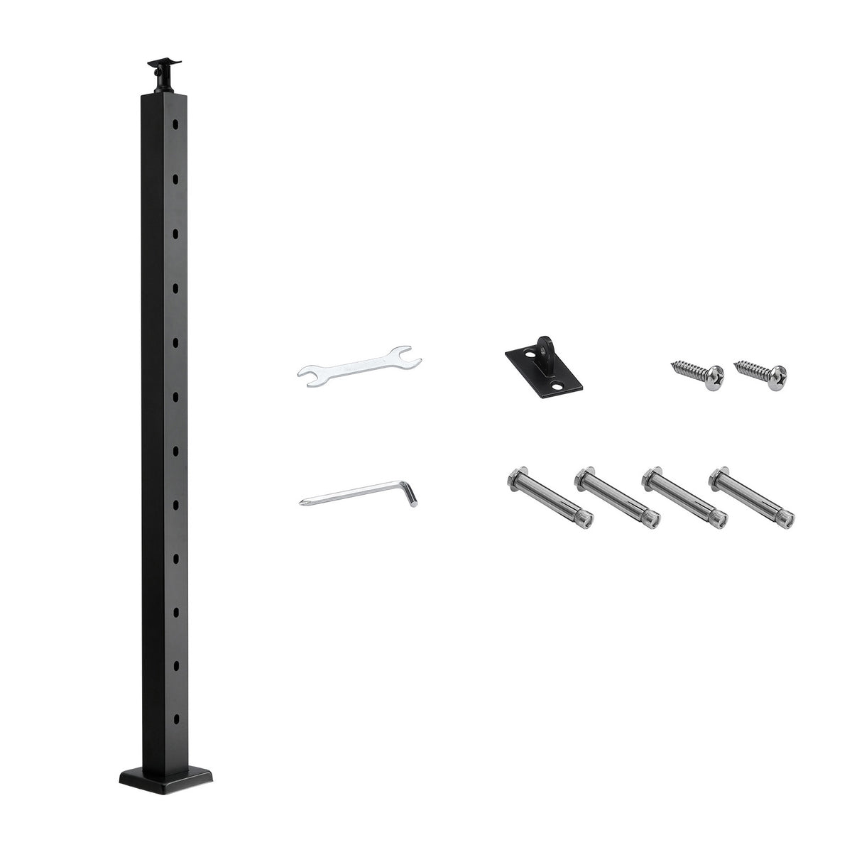 Cable Railing Post, 42x2x2 Inch Stair Railing Post, with Pre-Drilled 30° Angled Holes, Stainless Steel Cable Rail Post with Horizontal and Curved Bracket, 1-Pack, Black, 1JZLGZXHS106W3XAA001V0