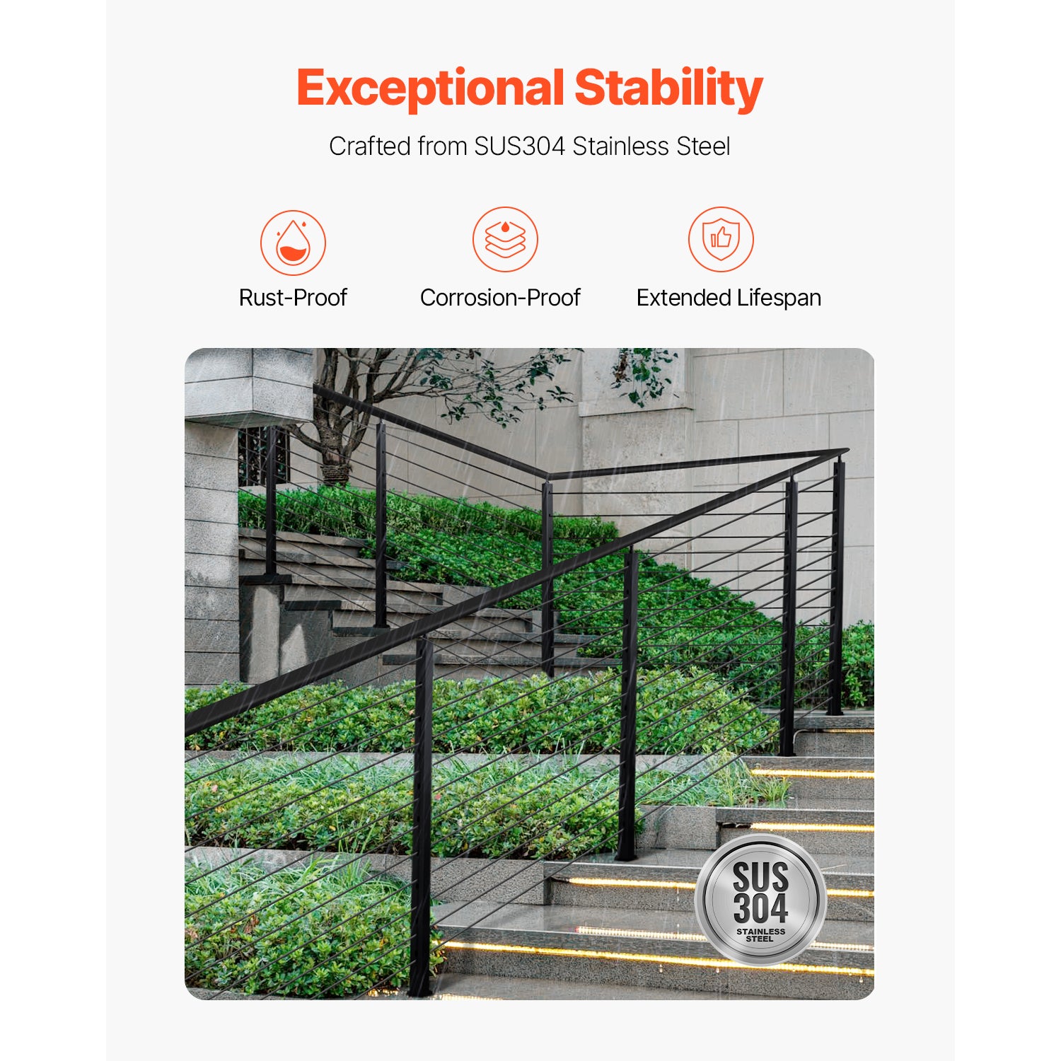 Cable Railing Post, 42x2x2 Inch Stair Railing Post, with Pre-Drilled 30° Angled Holes, Stainless Steel Cable Rail Post with Horizontal and Curved Bracket, 1-Pack, Black, 1JZLGZXHS106W3XAA001V0