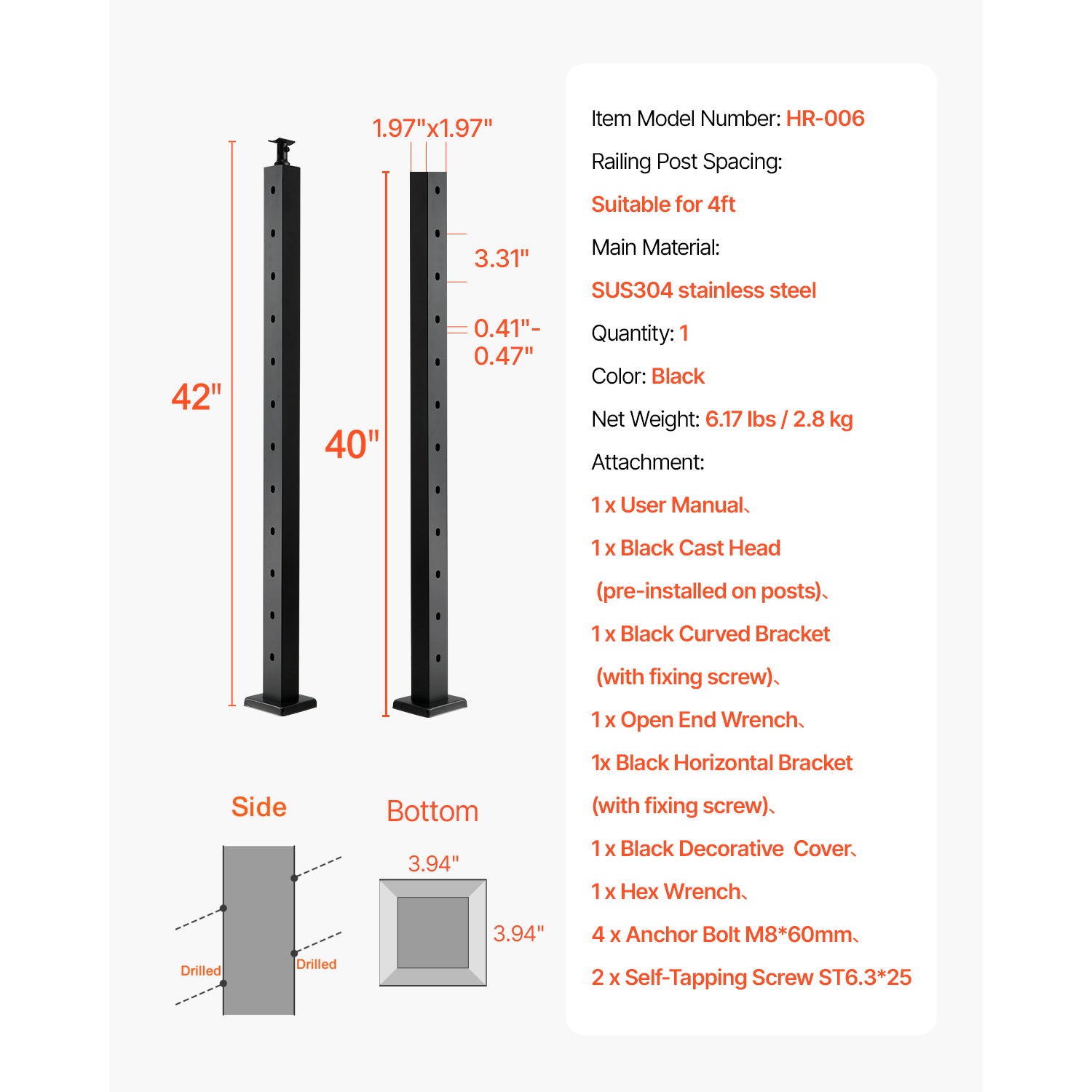 Cable Railing Post, 42x2x2 Inch Stair Railing Post, with Pre-Drilled 30° Angled Holes, Stainless Steel Cable Rail Post with Horizontal and Curved Bracket, 1-Pack, Black, 1JZLGZXHS106W3XAA001V0