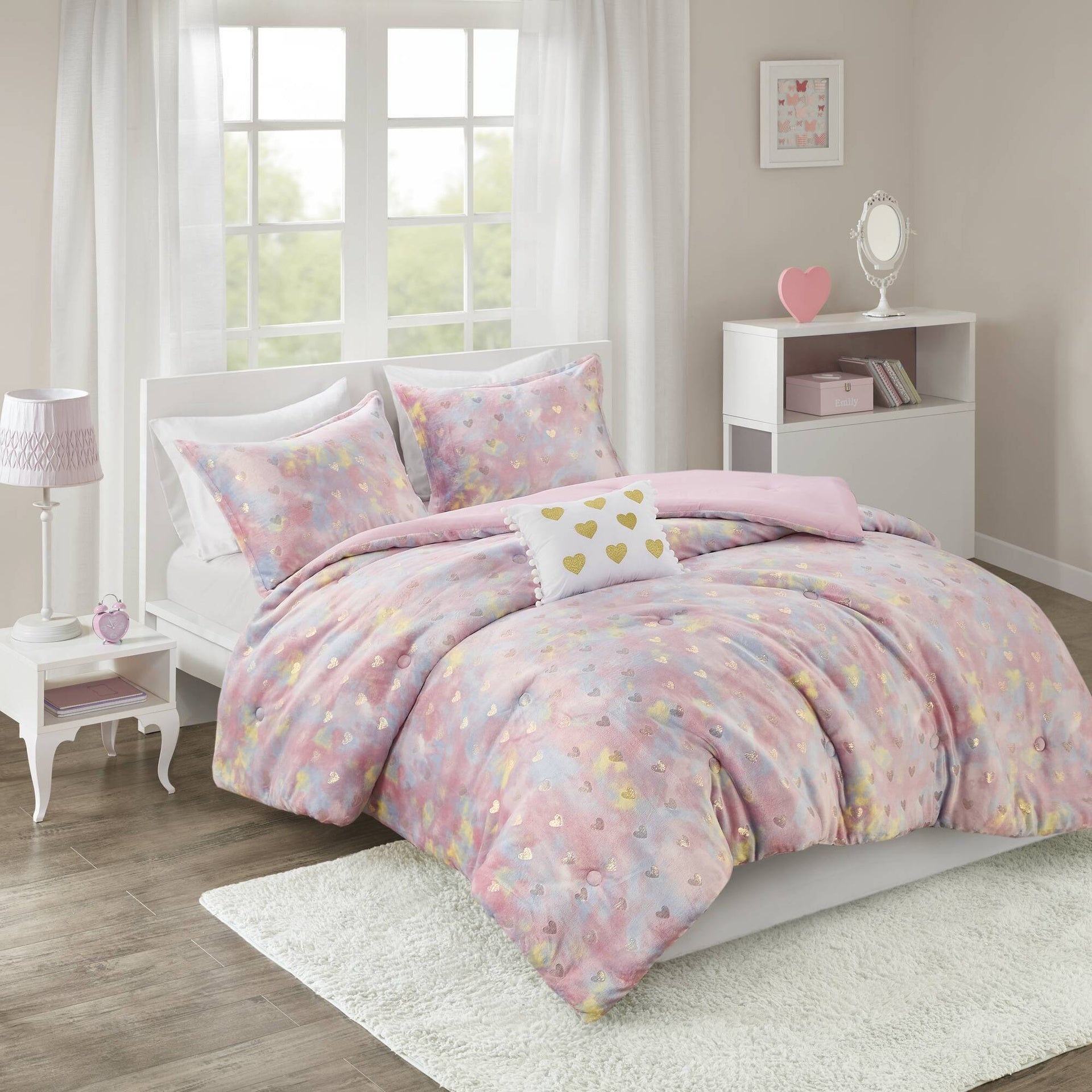 Metallic Printed Plush Comforter Set with Throw Pillow Full/Queen