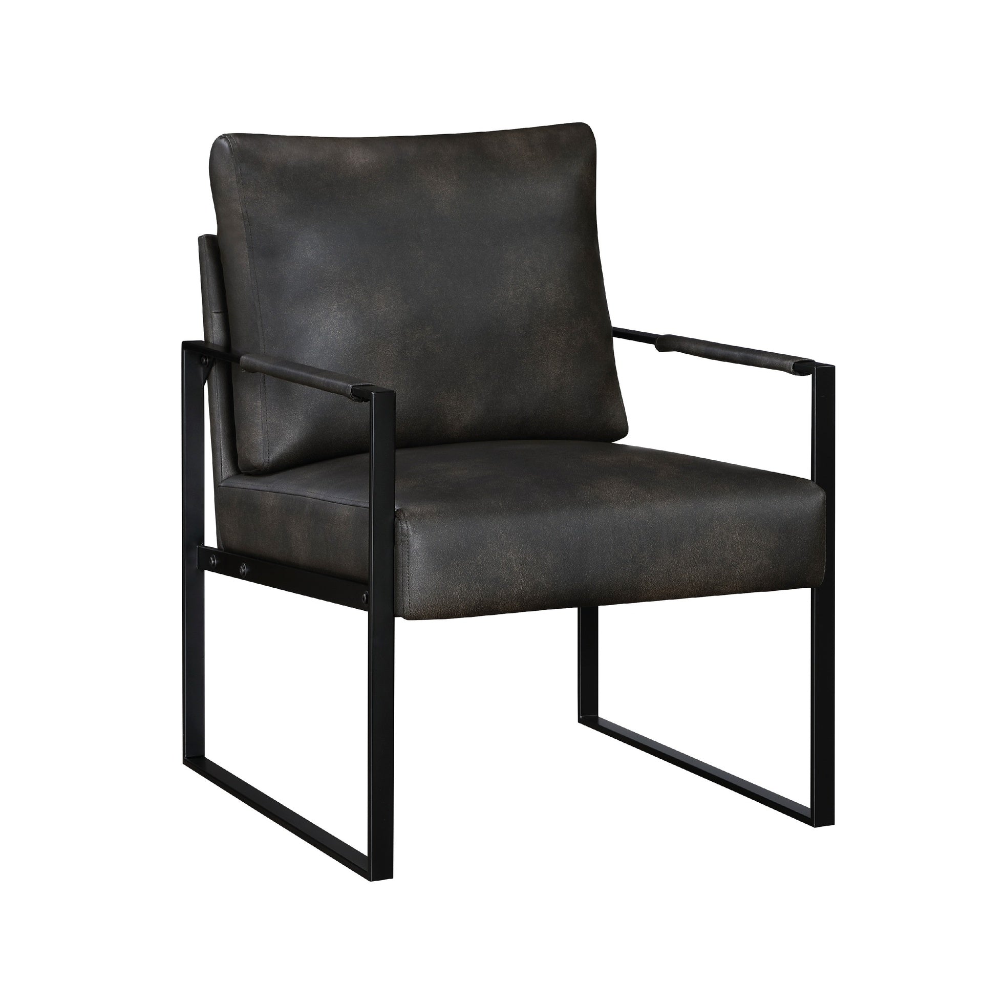 Mackie Accent Armchair, Dark Gray Faux Leather, Black Metal Frame