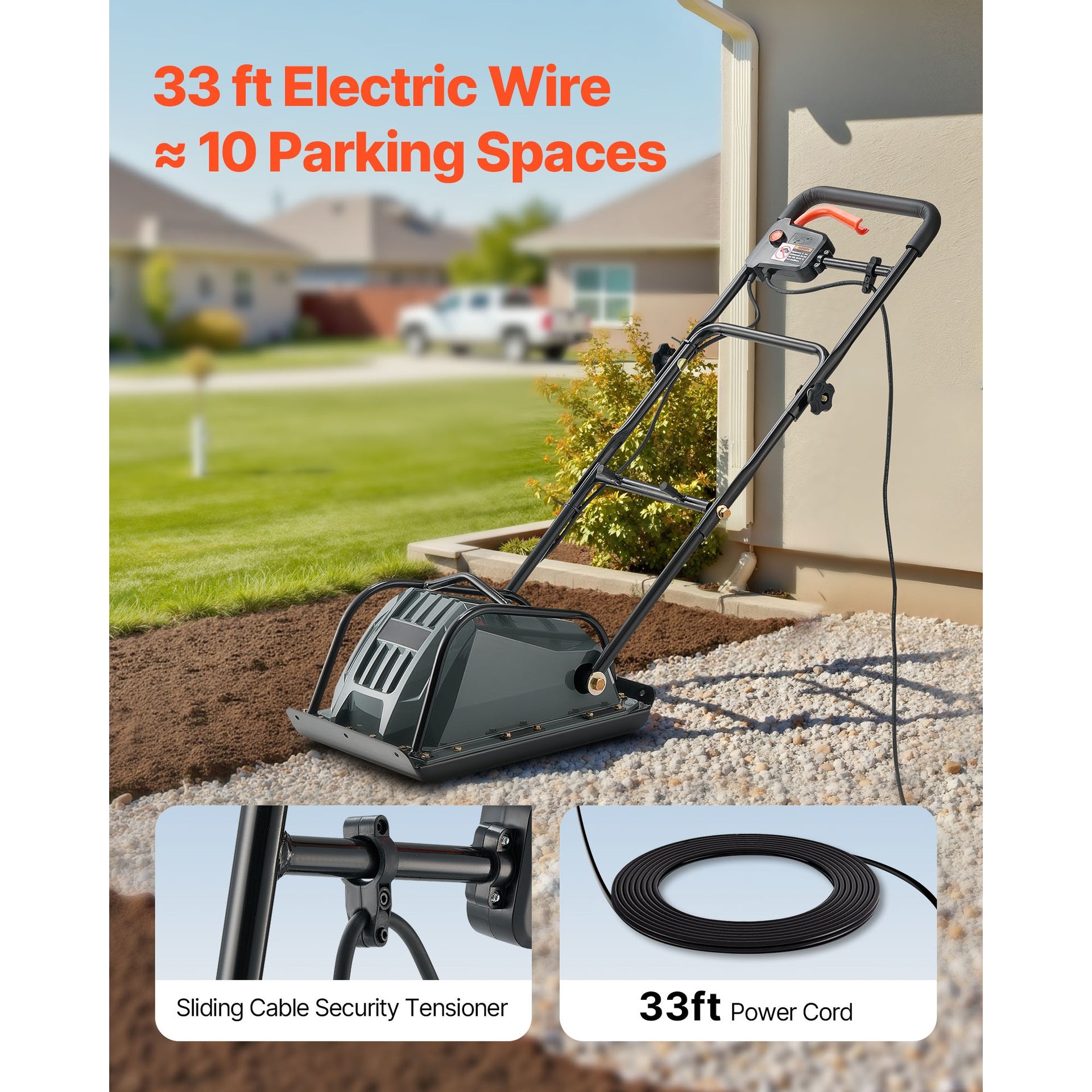 Plate Compactor, 130W Output Electric Ground Rammer, 5 kN Force, 3.9 in Depth, 16 m/min Speed, 3304 sq.ft/h Efficiency, Gas Powered Soil Compaction Machine for Driveway, Pavement, Landscaping