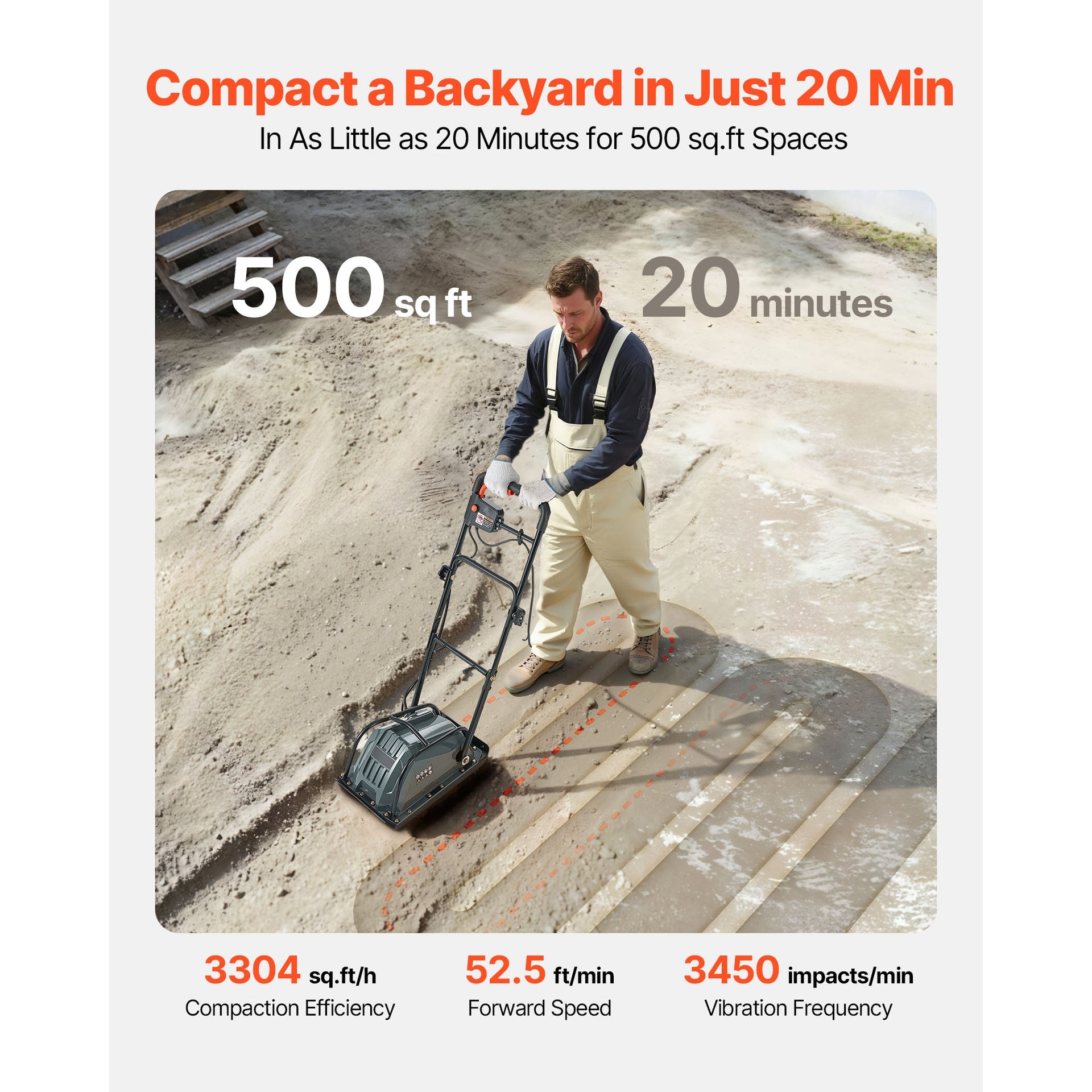 Plate Compactor, 130W Output Electric Ground Rammer, 5 kN Force, 3.9 in Depth, 16 m/min Speed, 3304 sq.ft/h Efficiency, Gas Powered Soil Compaction Machine for Driveway, Pavement, Landscaping