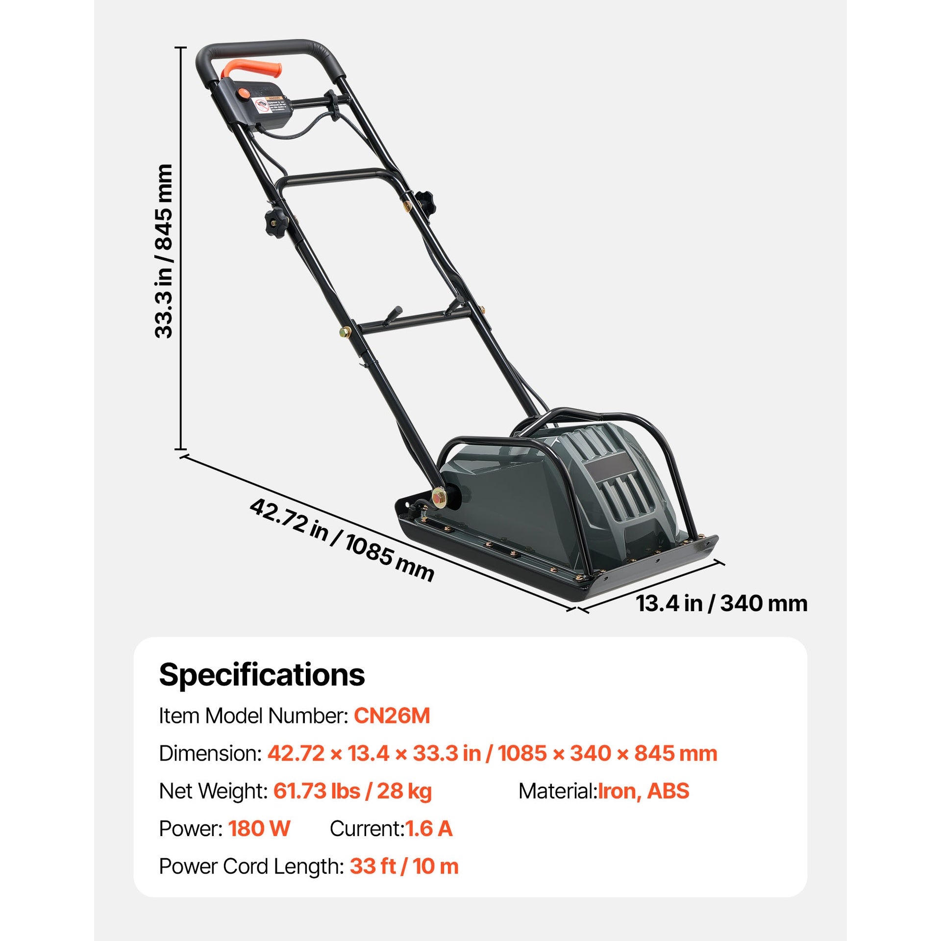 Plate Compactor, 130W Output Electric Ground Rammer, 5 kN Force, 3.9 in Depth, 16 m/min Speed, 3304 sq.ft/h Efficiency, Gas Powered Soil Compaction Machine for Driveway, Pavement, Landscaping