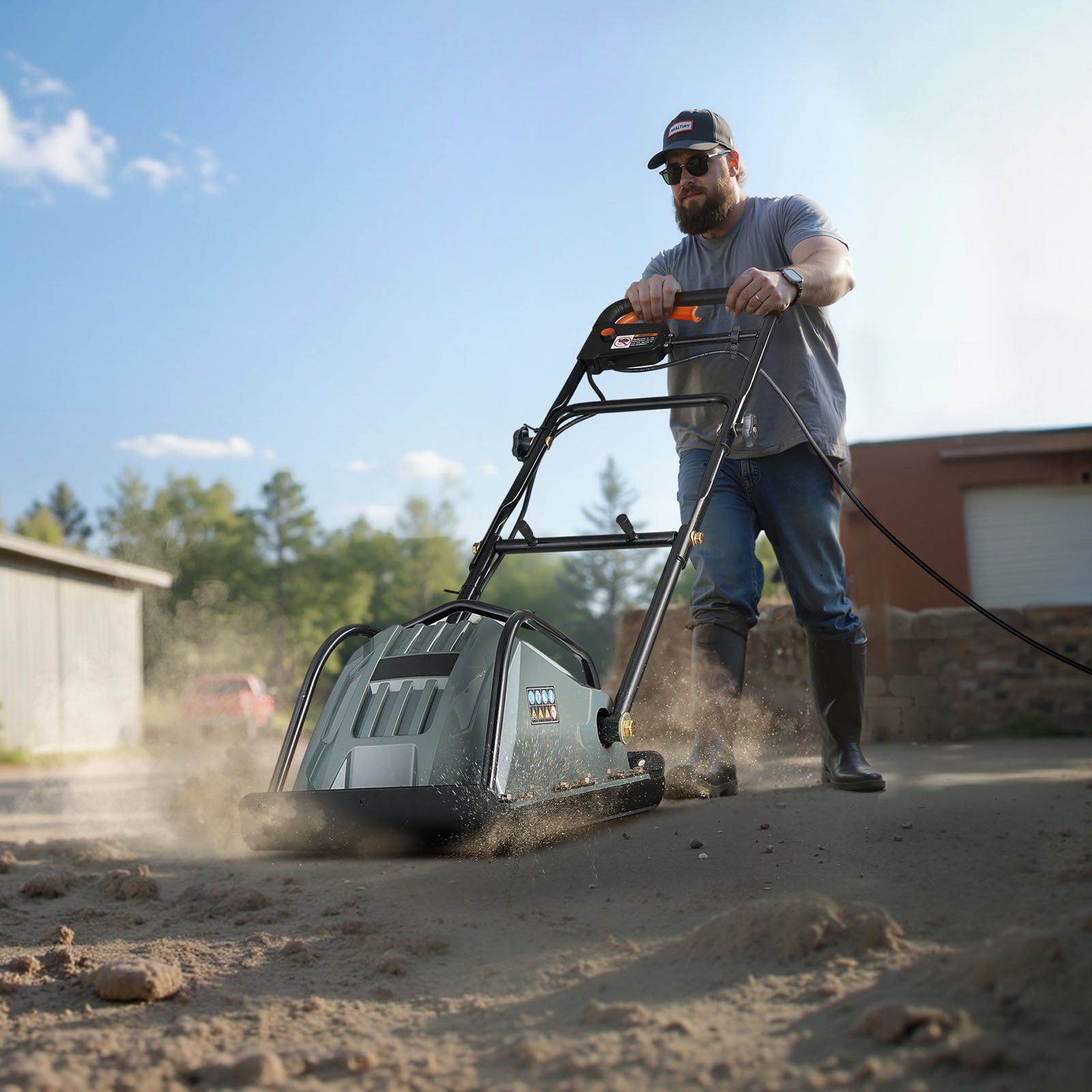 Plate Compactor, 130W Output Electric Ground Rammer, 5 kN Force, 3.9 in Depth, 16 m/min Speed, 3304 sq.ft/h Efficiency, Gas Powered Soil Compaction Machine for Driveway, Pavement, Landscaping