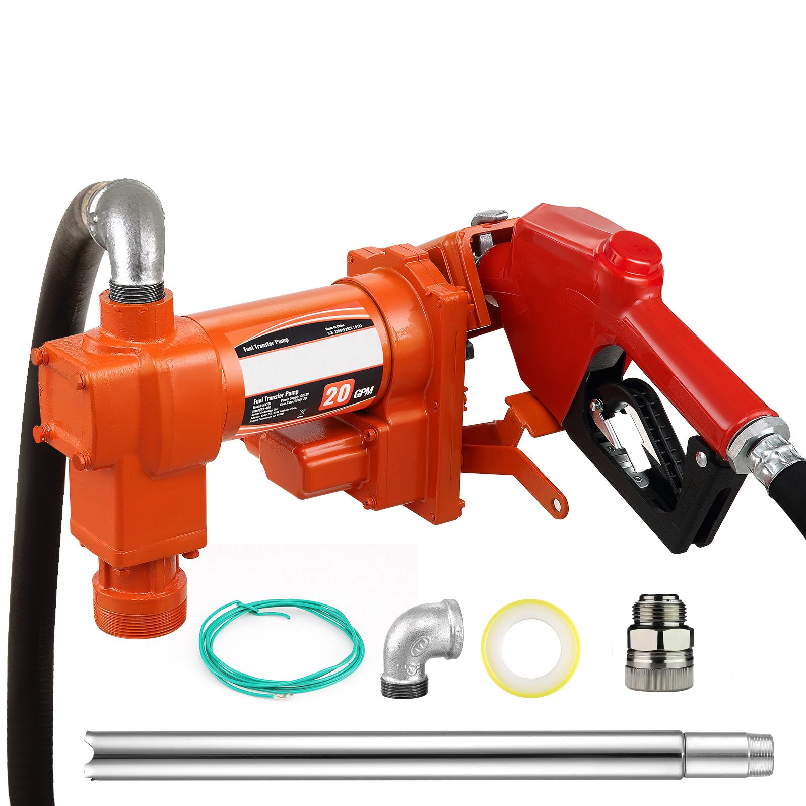 Fuel Transfer Pump, 12V DC 20 GPM 1/4 HP, Gasoline Extractor Pump with Automatic Nozzle, Discharge Hose & Suction Pipe for Gasoline, Diesel, Kerosene, Ethanol & Methanol Blends, and Biodiesel