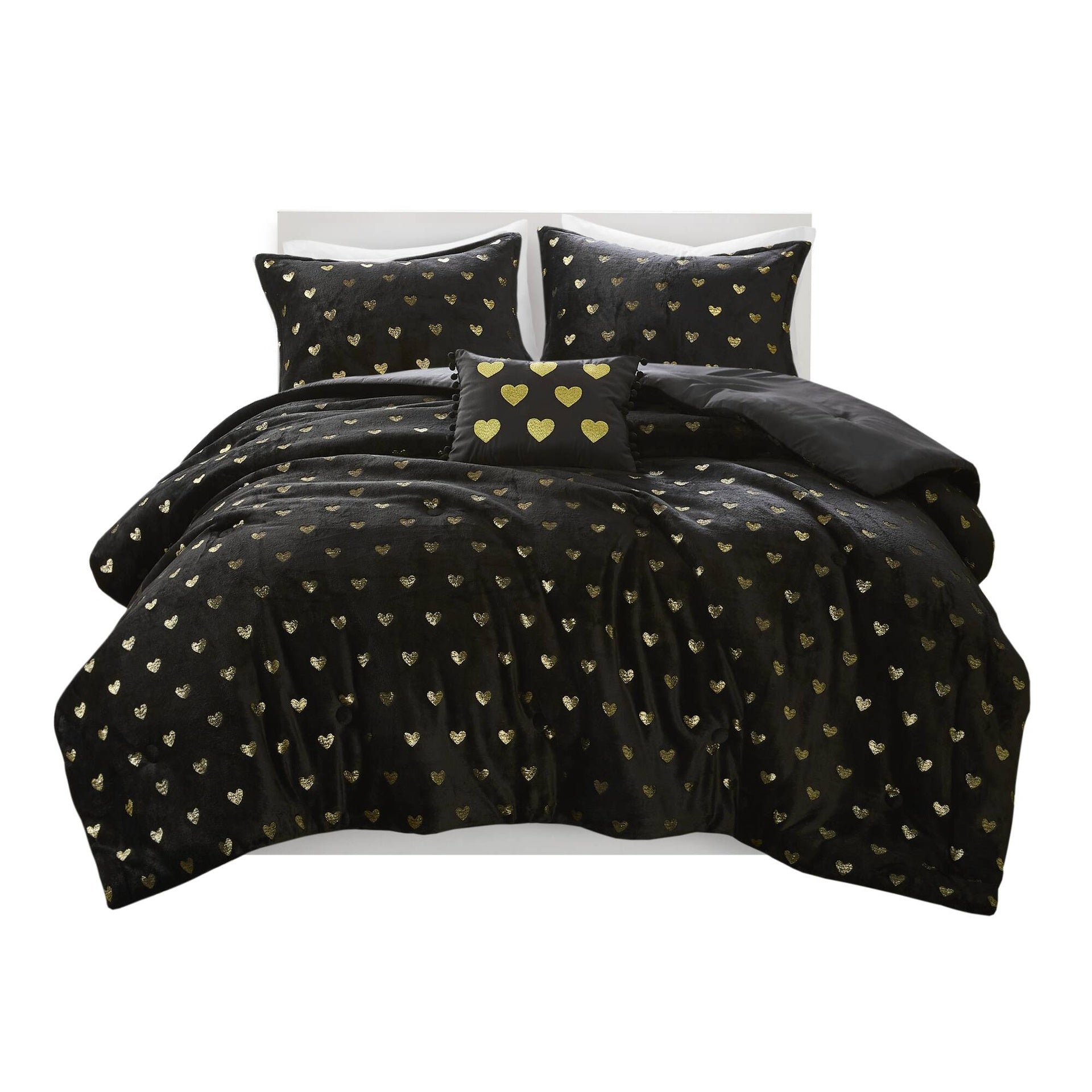 3 PCS Twin/Twin XL Metallic Printed Plush Comforter Set with Throw Pillow Black/Gold
