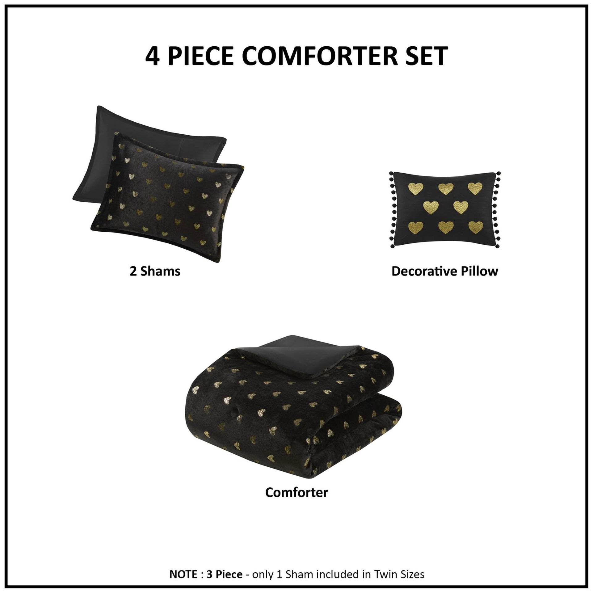 3 PCS Twin/Twin XL Metallic Printed Plush Comforter Set with Throw Pillow Black/Gold