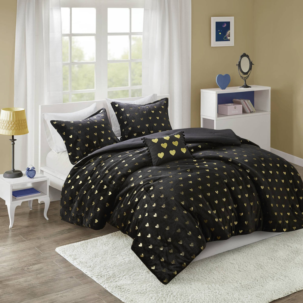 3 PCS Twin/Twin XL Metallic Printed Plush Comforter Set with Throw Pillow Black/Gold