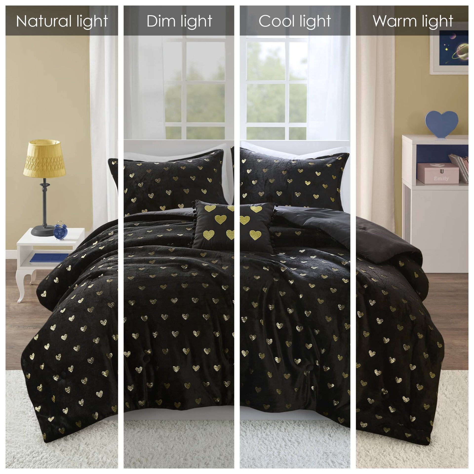 3 PCS Twin/Twin XL Metallic Printed Plush Comforter Set with Throw Pillow Black/Gold