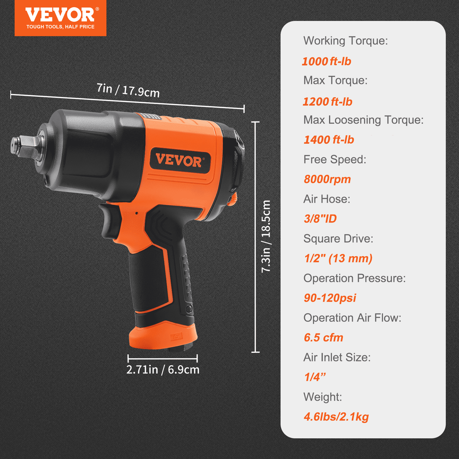 Air Impact Wrench 1/2" Square Drive 1400ft-lb Nut-busting Torque 90-120PSI