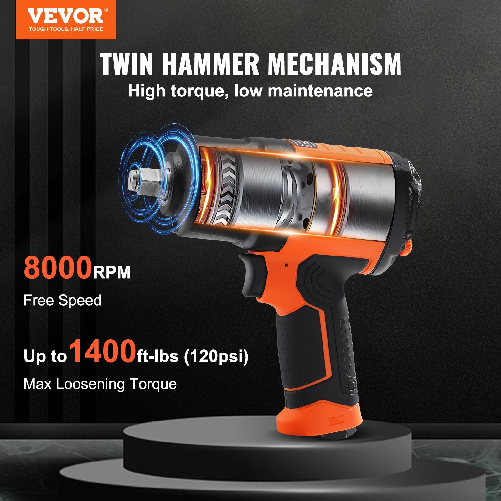 Air Impact Wrench 1/2" Square Drive 1400ft-lb Nut-busting Torque 90-120PSI