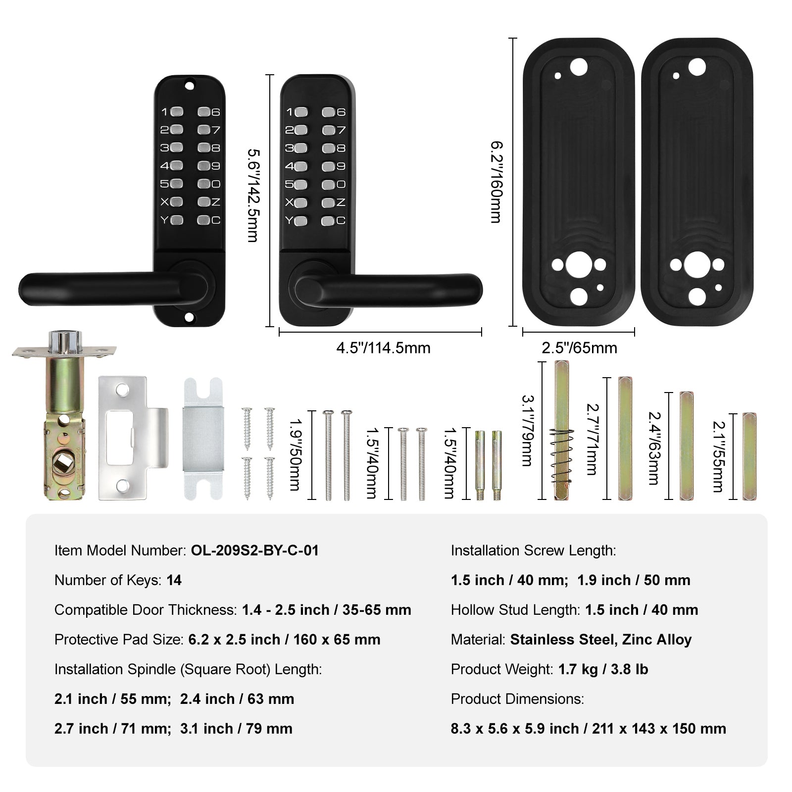 Mechanical Keyless Entry Door Lock, 14 Digit Keypad, Double-sided Embedded Outdoor Gate Door Locks Set with Handle and Keypad, Water-proof Zinc Alloy, Easy to Install, for Yard, Garden, Garage