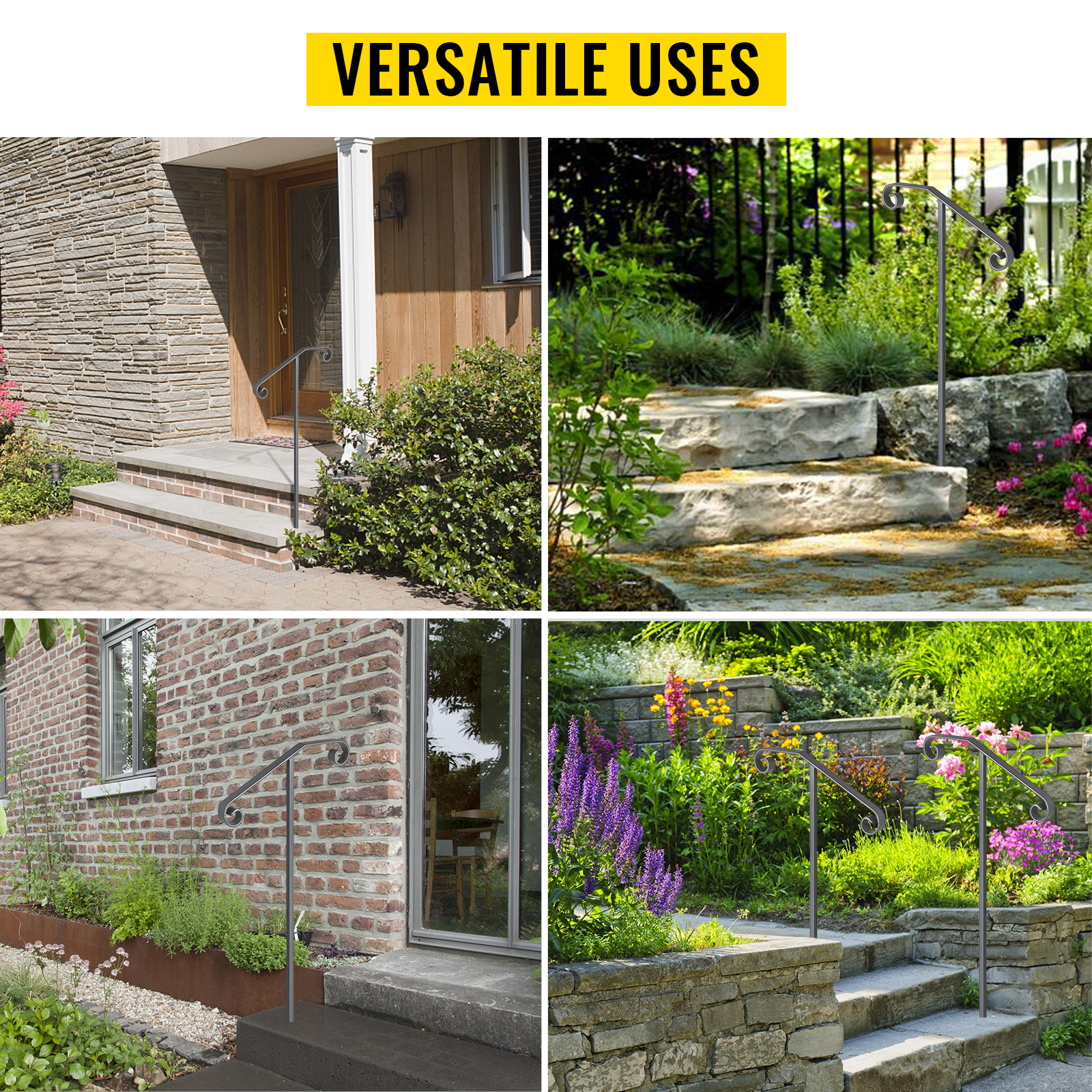 Single Post Handrail Wrought Iron Post Mount Step Grab Supports in Ground Long Post Fits 1 or 2 Steps Grab Rail Single Post Railing (Gray)